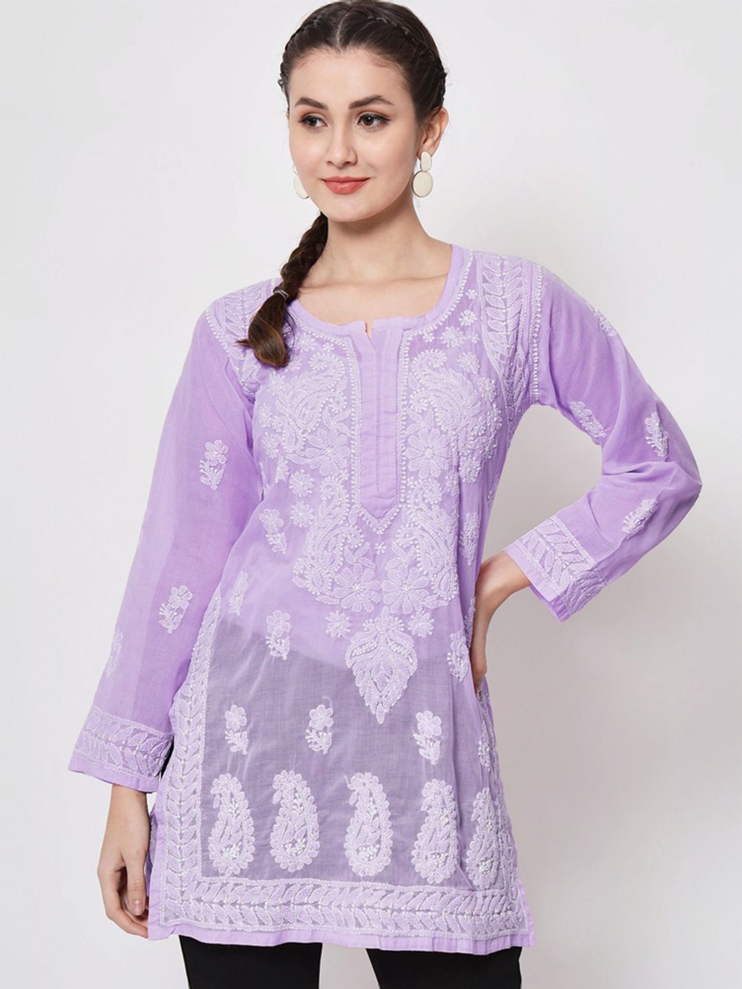 PARAMOUNT CHIKAN Violet Cotton Hand Embroidered Chikankari Straight Kurti