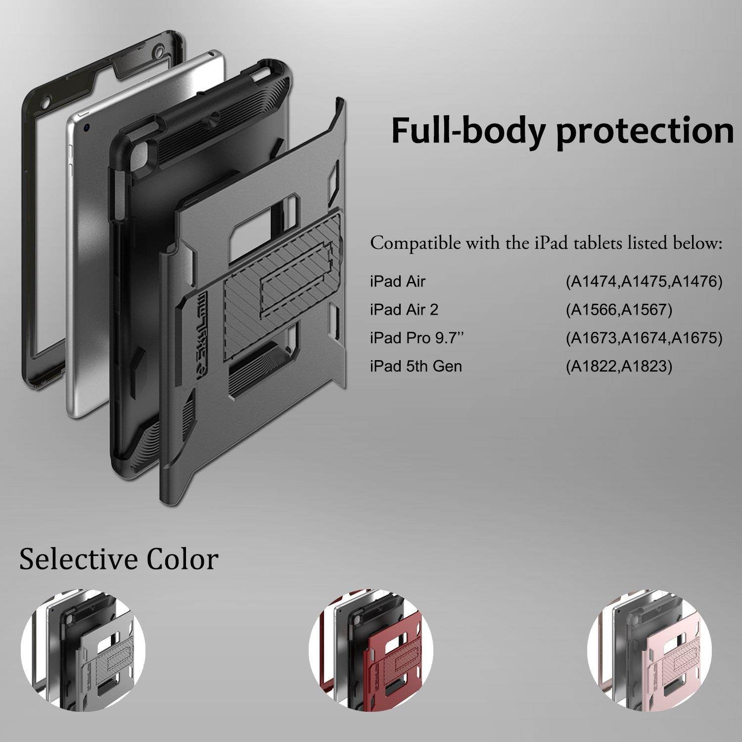 SKYLMW Case iPad 9.7 2018, SKYLMW [Heavy Duty] Three Layer Hybrid Shockproof Full-Body Protective Case Cover with Kickstand for iPad Air,iPad Air 2,iPad Pro 9.7,iPad 9.7 2017/2018 Release, Black
