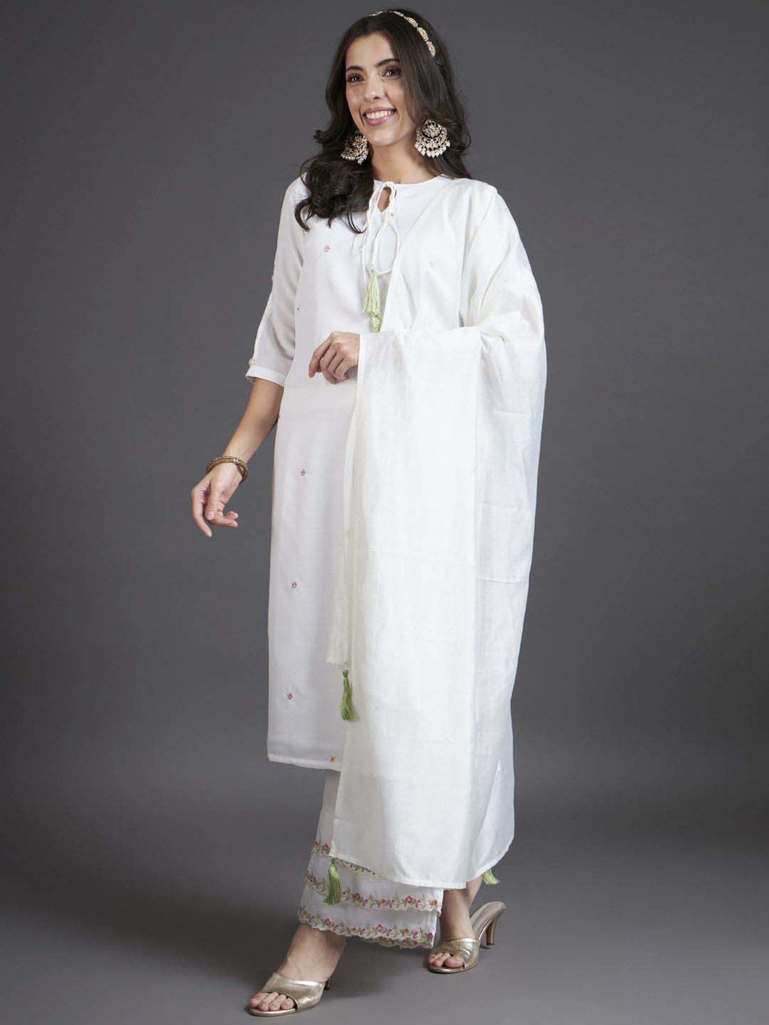 Heeposh White Embroidered Kurta Palazzo Set With Dupatta