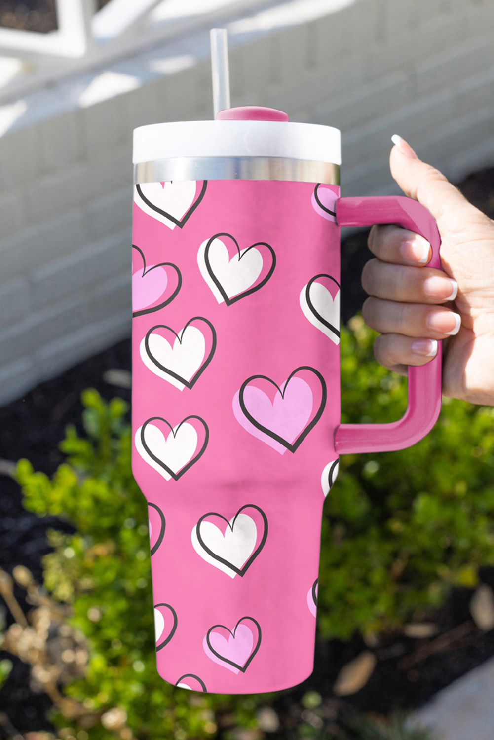 Pink Checkered Print Handled Stainless Steel Tumbler Cup