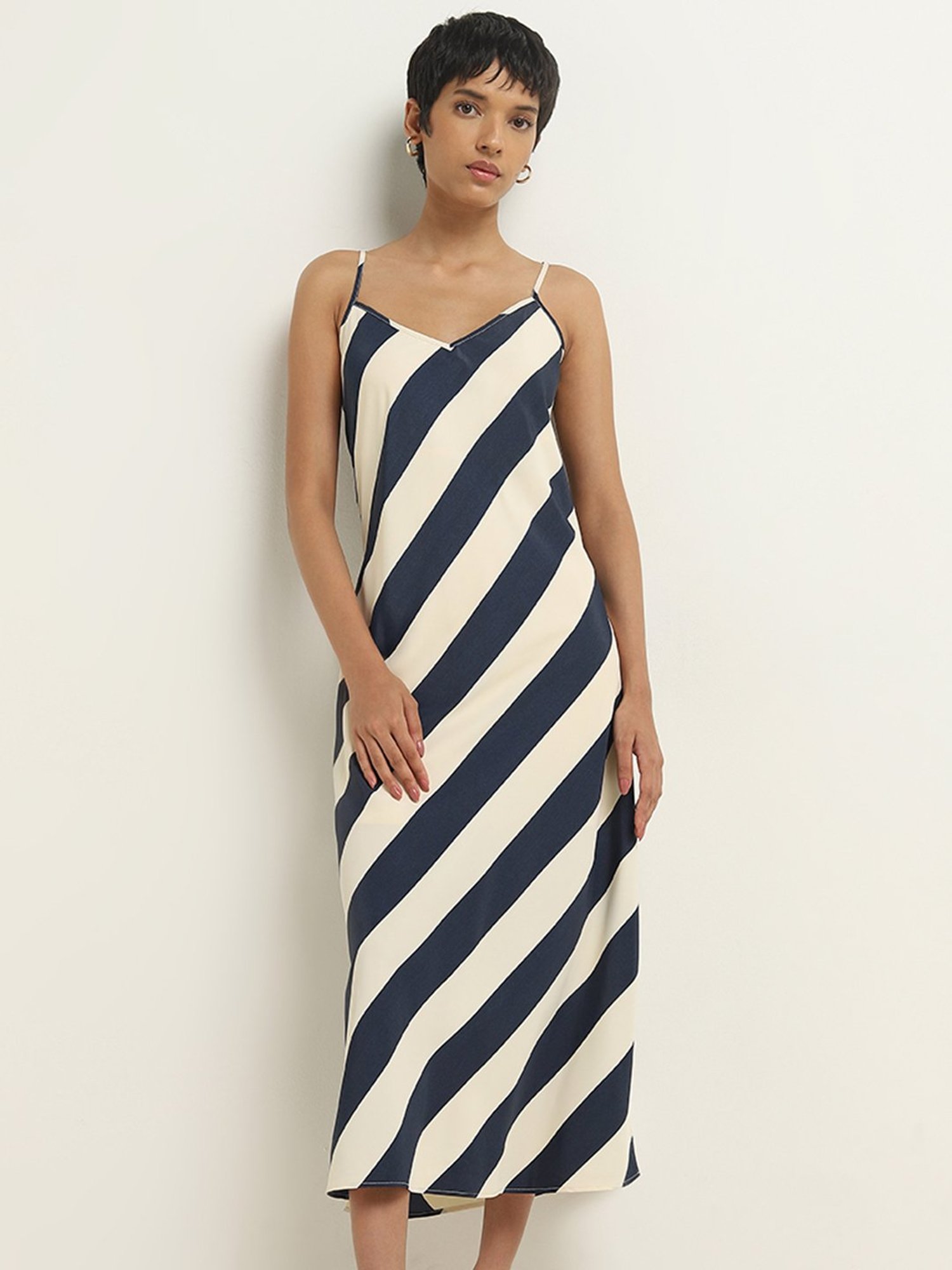 Wardrobe by Westside Navy Striped Design Slip Dress
