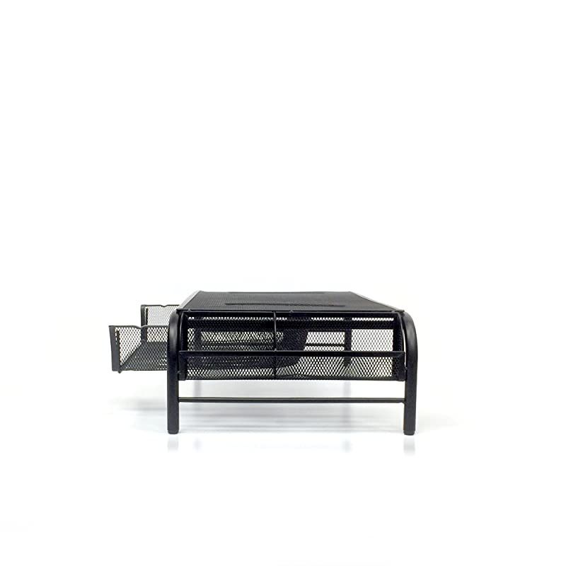 2MESHMON-BLK Metal Mesh Stand and Desk Organizer with Drawer, Monitor Riser, Black-2 Pack