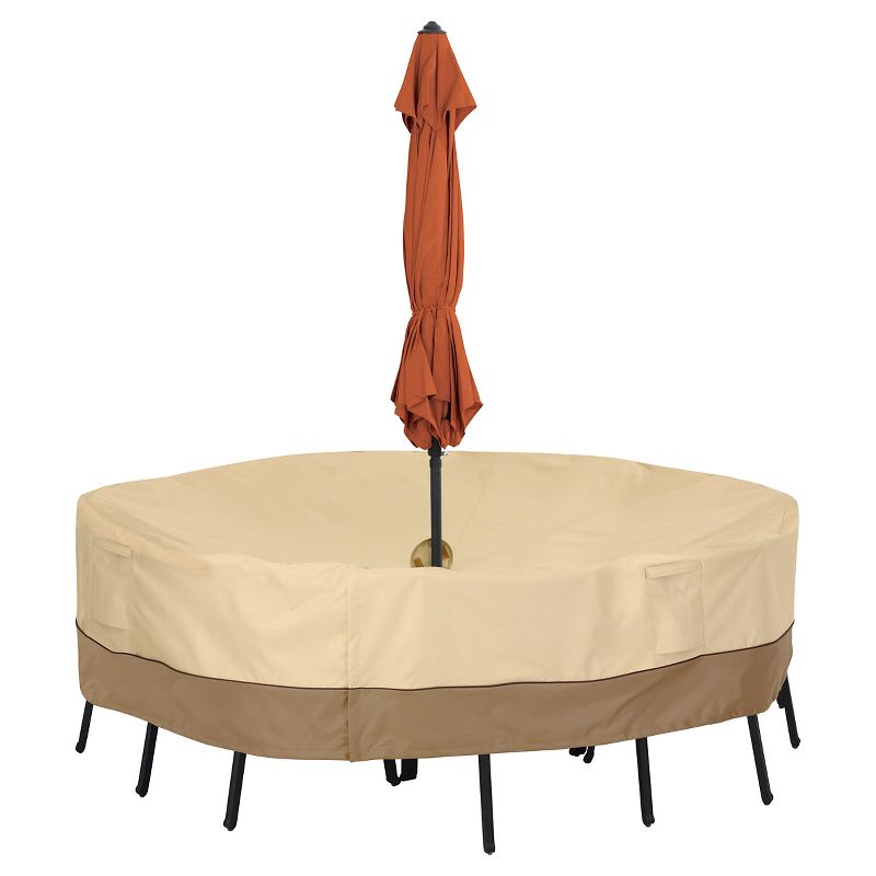 Veranda Large Round Patio Table Set Cover With Umbrella Hole - Light Pebble - Classic Accessories