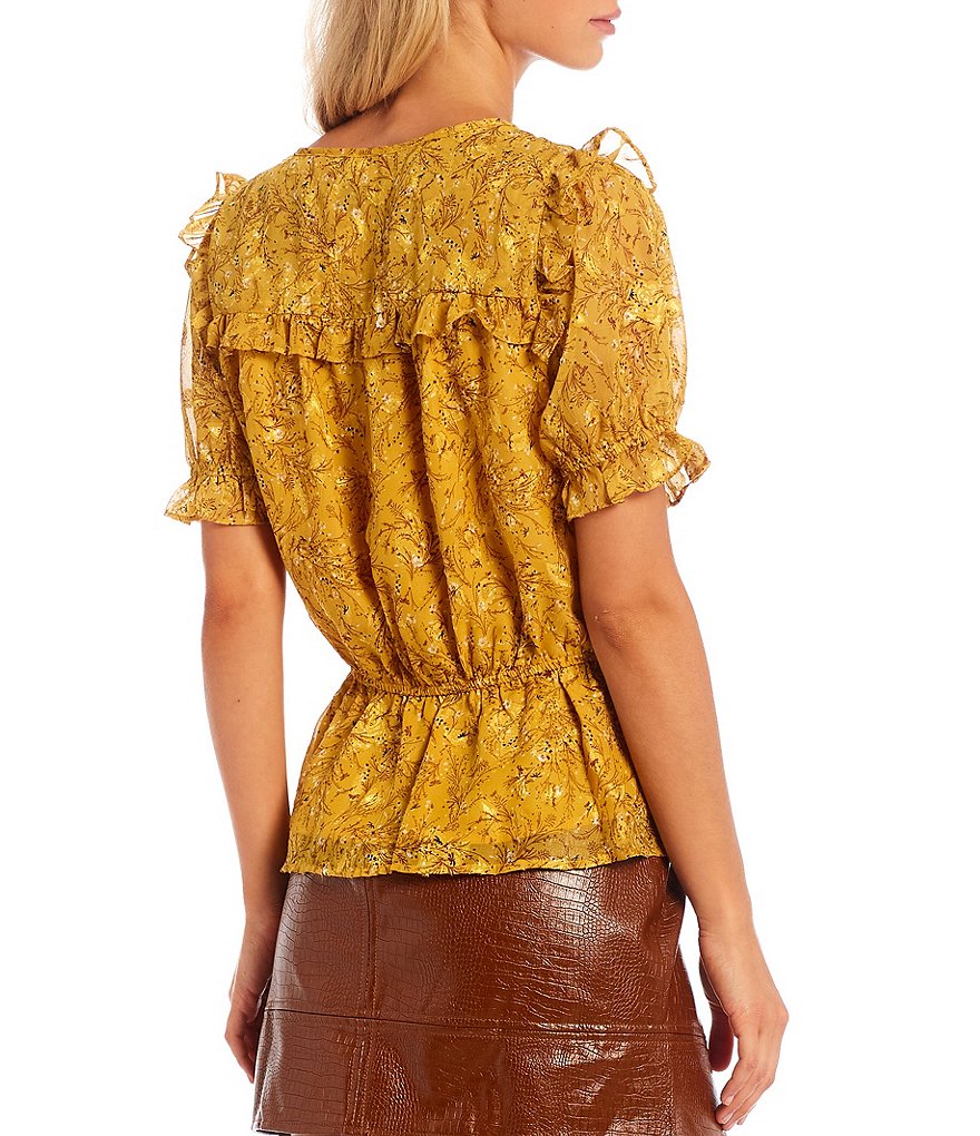 Skies Are Blue Floral Print Tassel Tie Neck Short Puff Sleeve Ruffle Trim Peplum Top