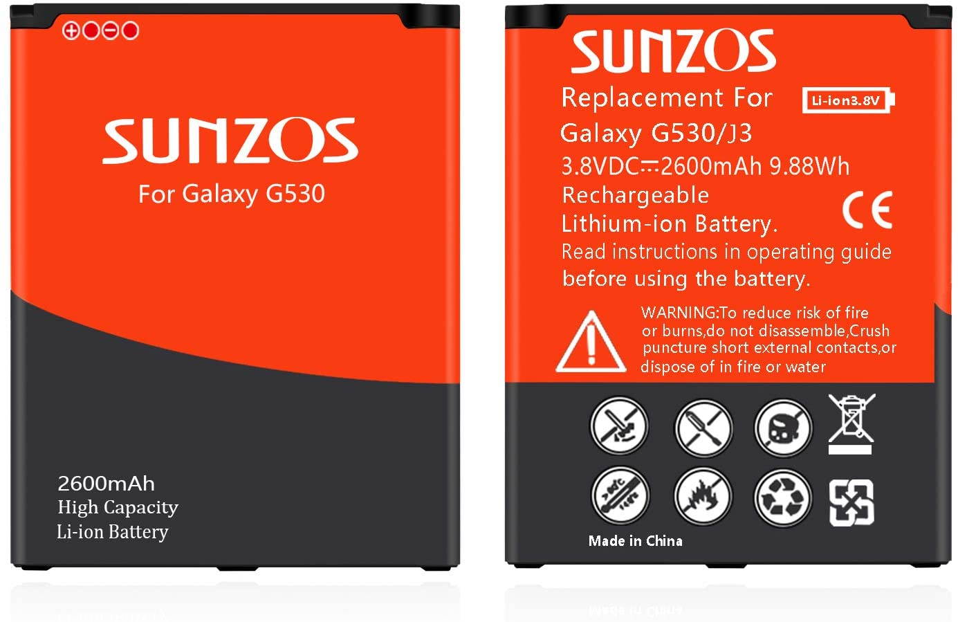 Galaxy J3 Battery, SUNZOS 2600mAh Li-ion Replacement Battery for Samsung Galaxy J320A J320V EB-BG530BBU EB-BG530BBE J5-G530P [3 Years Warranty]