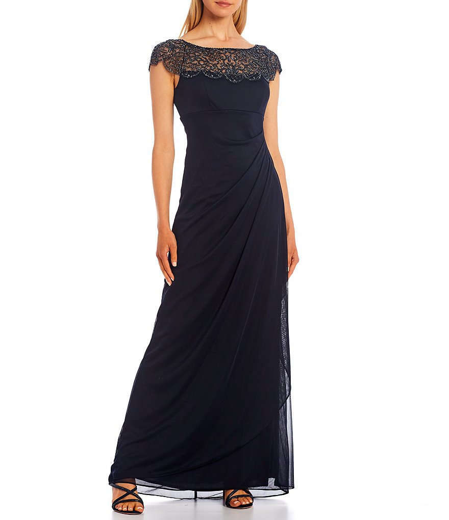 Xscape Embroidered Boat Neck Cap Sleeve Side Rouch Mesh Gown
