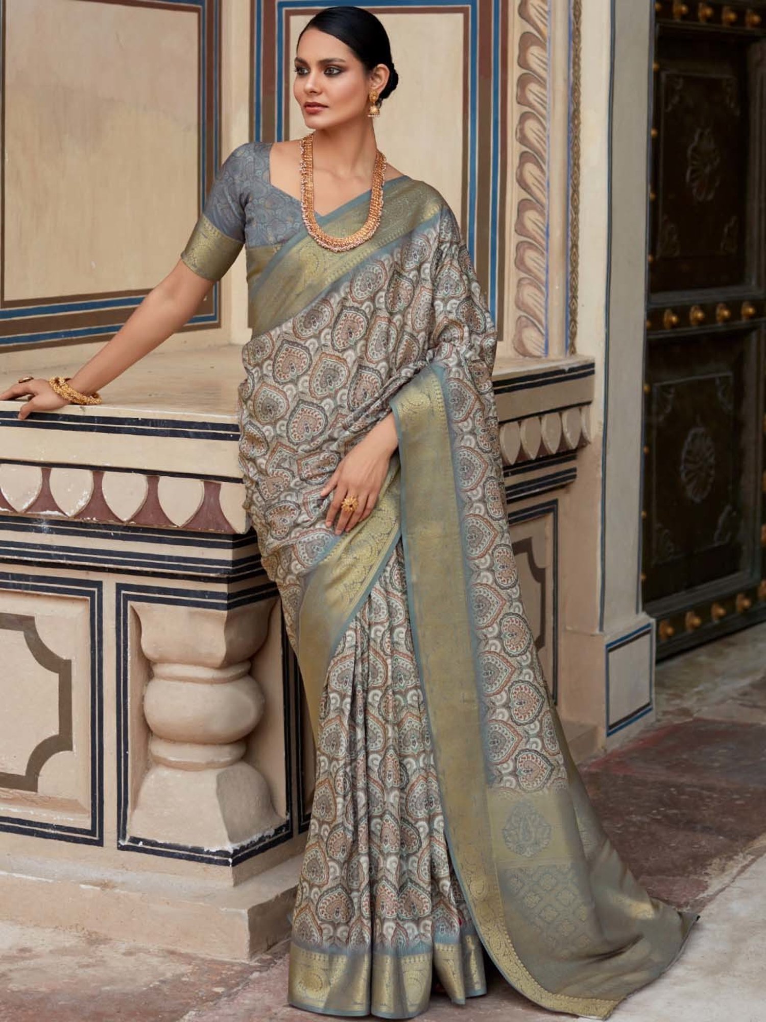 Saree Mall Grey Woven Saree With Unstitched Blouse