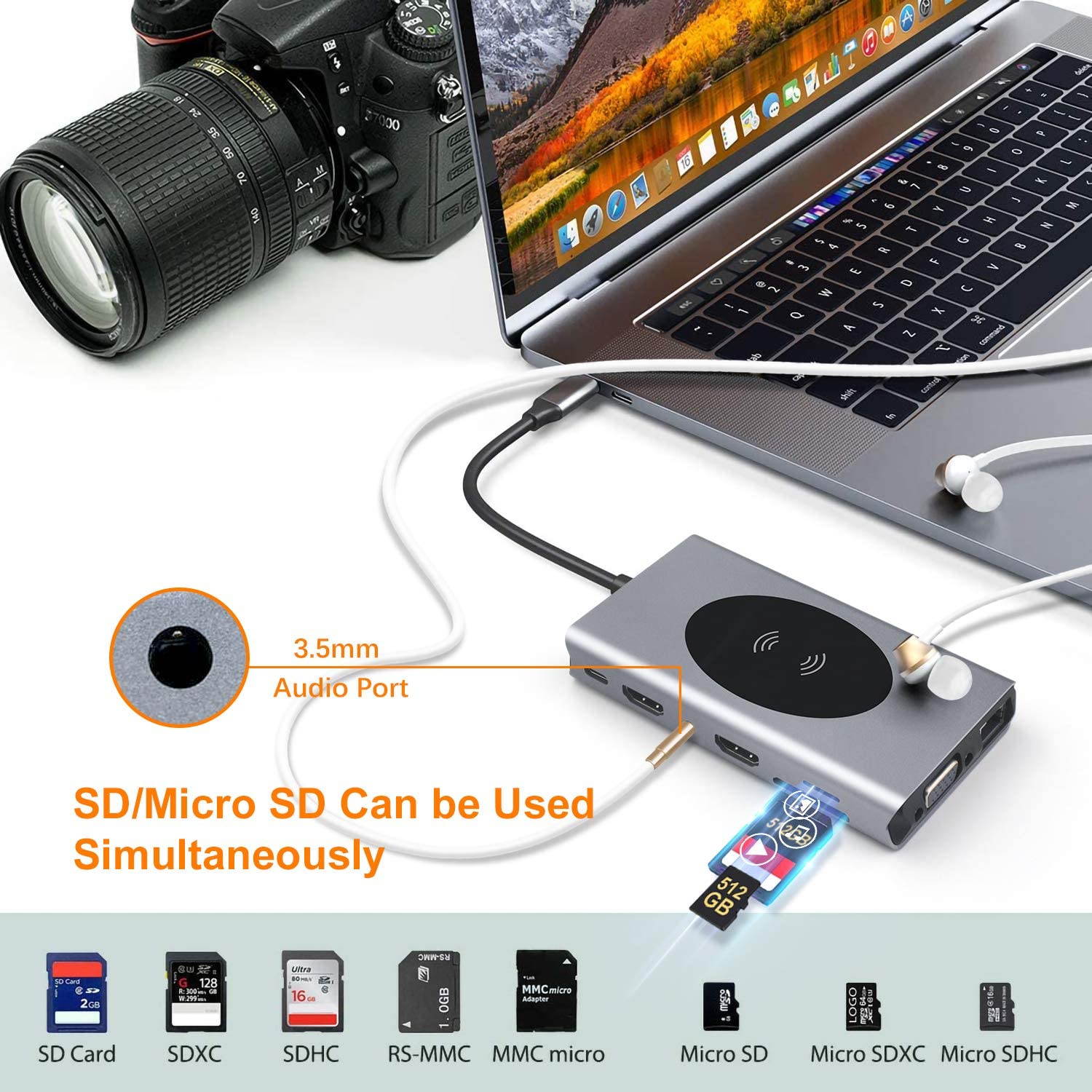 USB C Hub,14 in 1 USB Hub Type C Dongle Adapter with Wireless Charger, USB C Adapter with HDMI 4K 2 Output, RJ45 Ethernet, 87W PD Charger, SD/TF Card Reader with USB 3.0 VGA Ports(Gray)