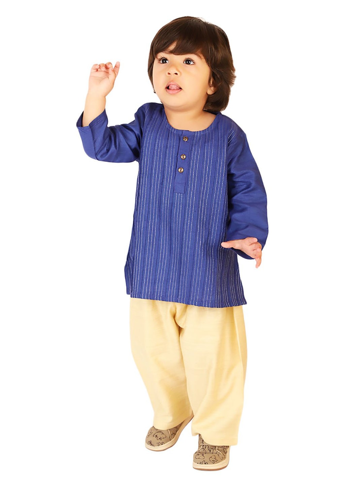 Fabindia Kids Navy & Cream Embroidered Kurta with Pyjamas