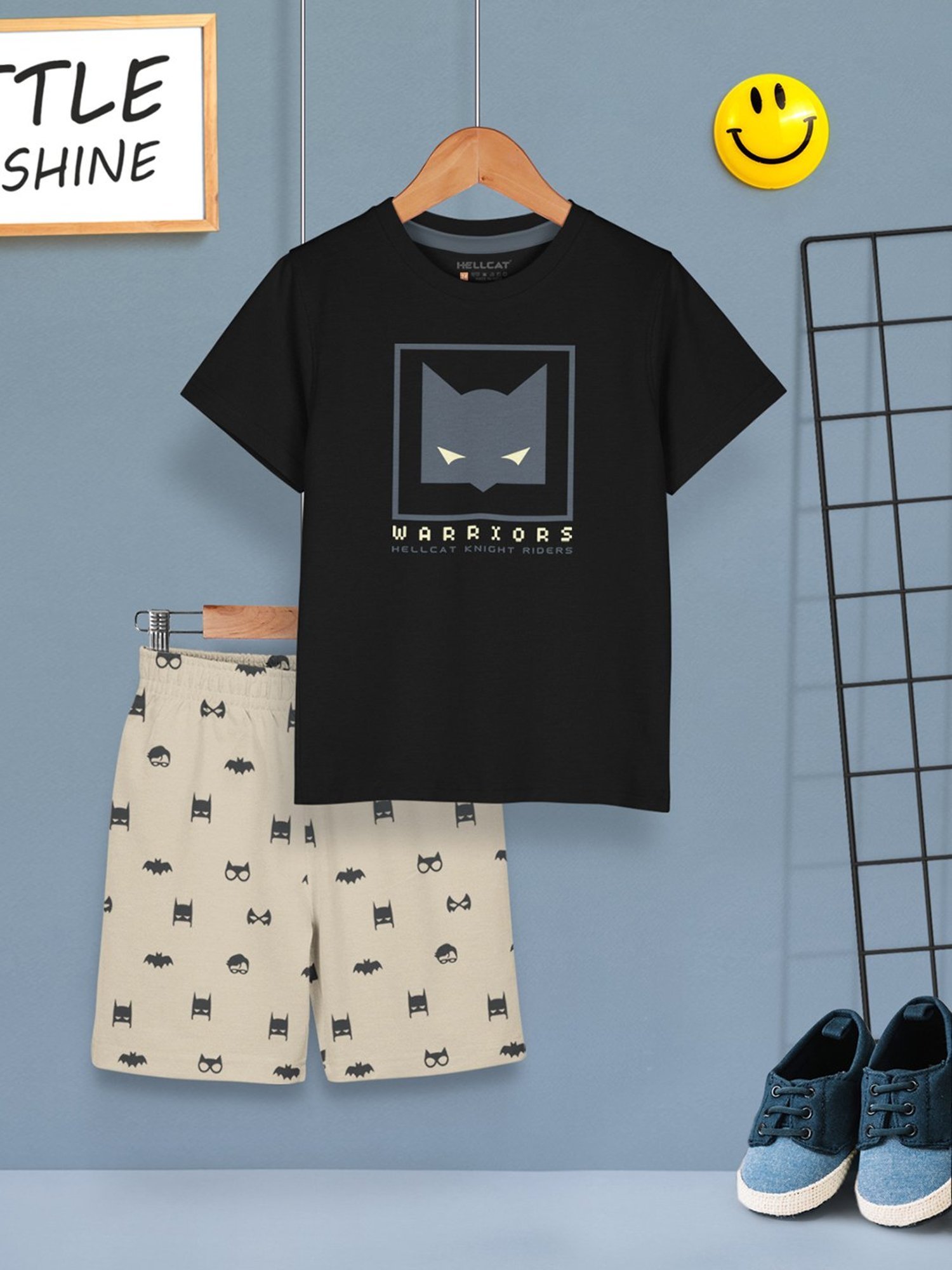 HELLCAT Kids Black & Beige Printed T-Shirt with Shorts