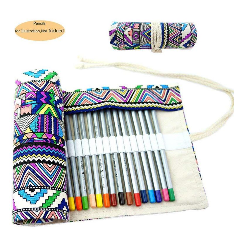 CREOOGO Colored Pencils Case Wrap Roll Holder for Artist Adult Coloring Travel Portable Canvas Storage Organizer with a Build-in Pouch Bohemian 48 loops