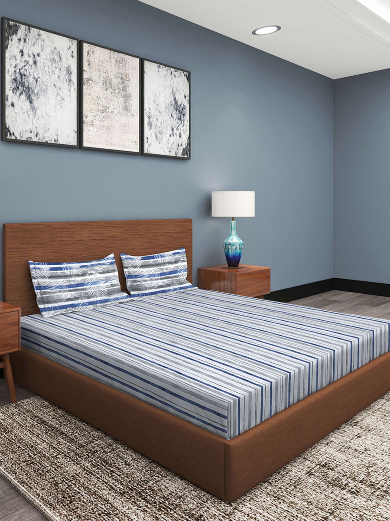 Romee Blue Cotton Stripes Bed Sheets