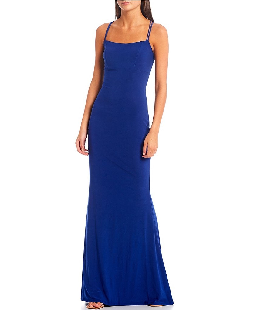 Jump Double Spaghetti Strap Square-Neck Lace-Up-Back Long Dress