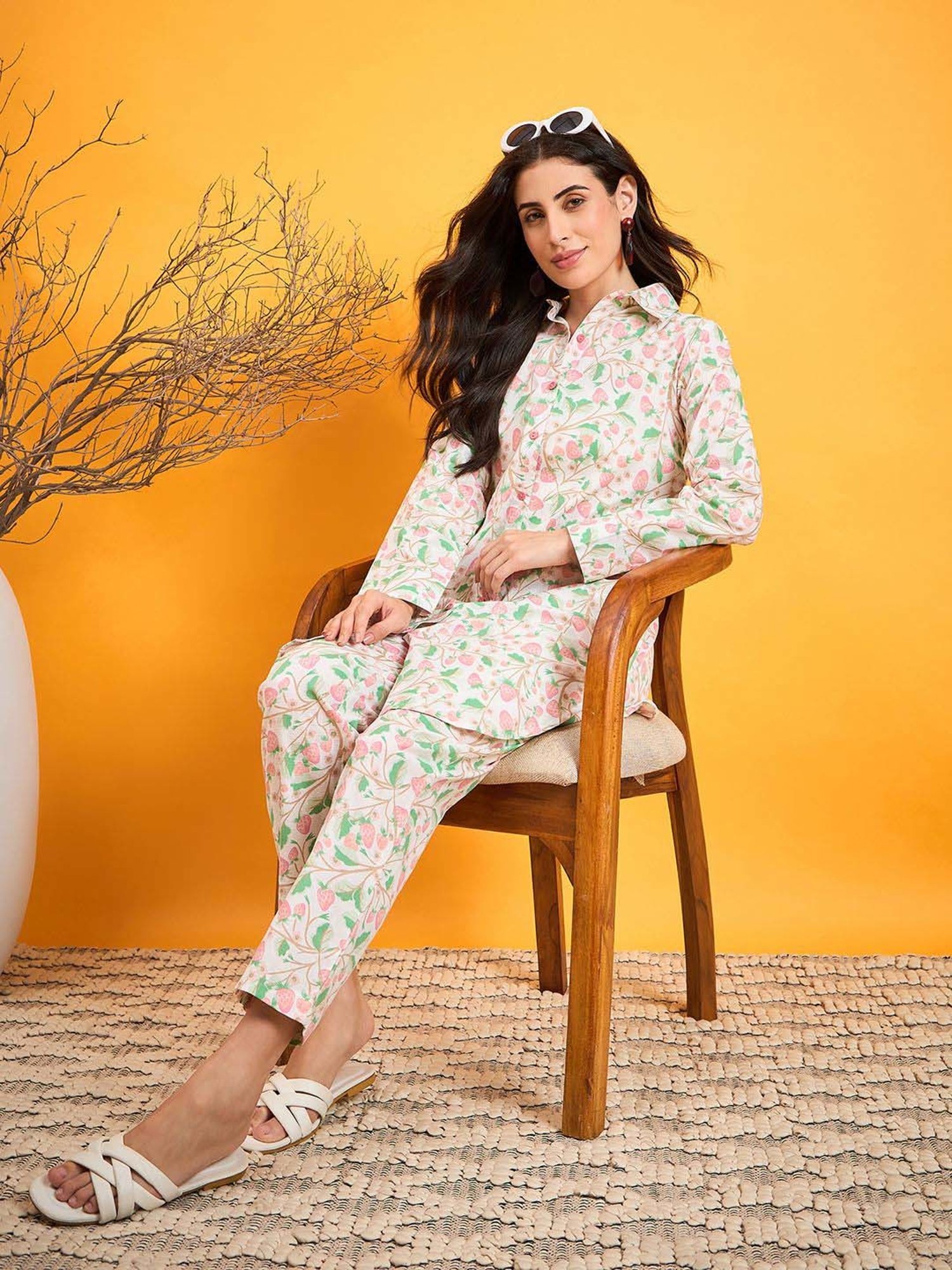 The Kaftan Company Off-White Cotton Printed Tunic Pants Set