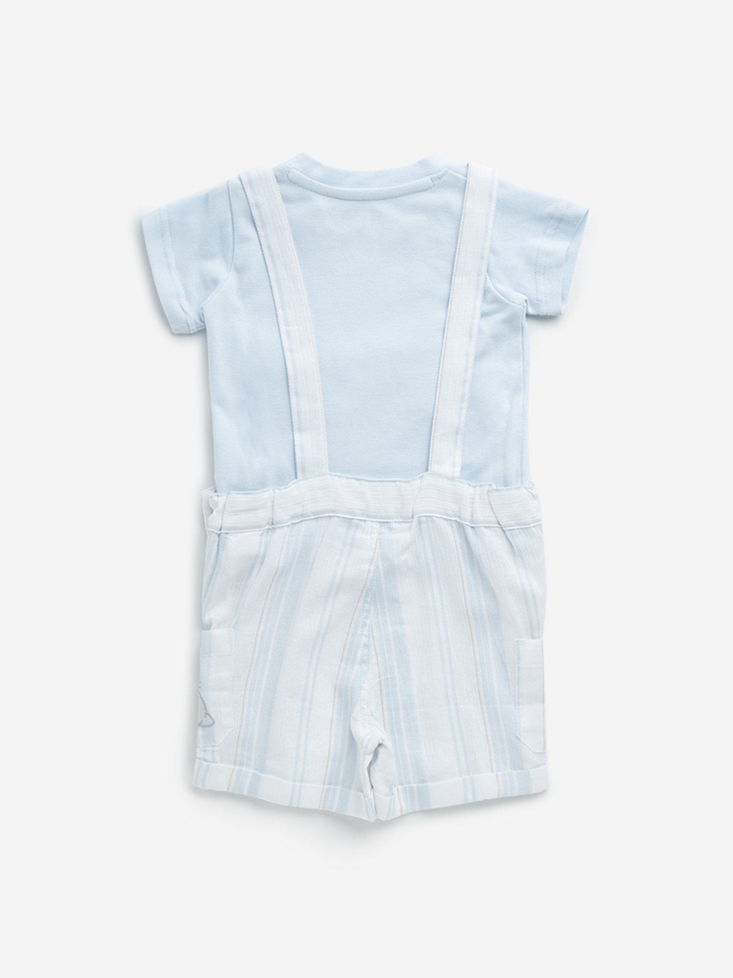 HOP Baby by Westside Light Blue Striped Cotton Dungaree & T-Shirt Set