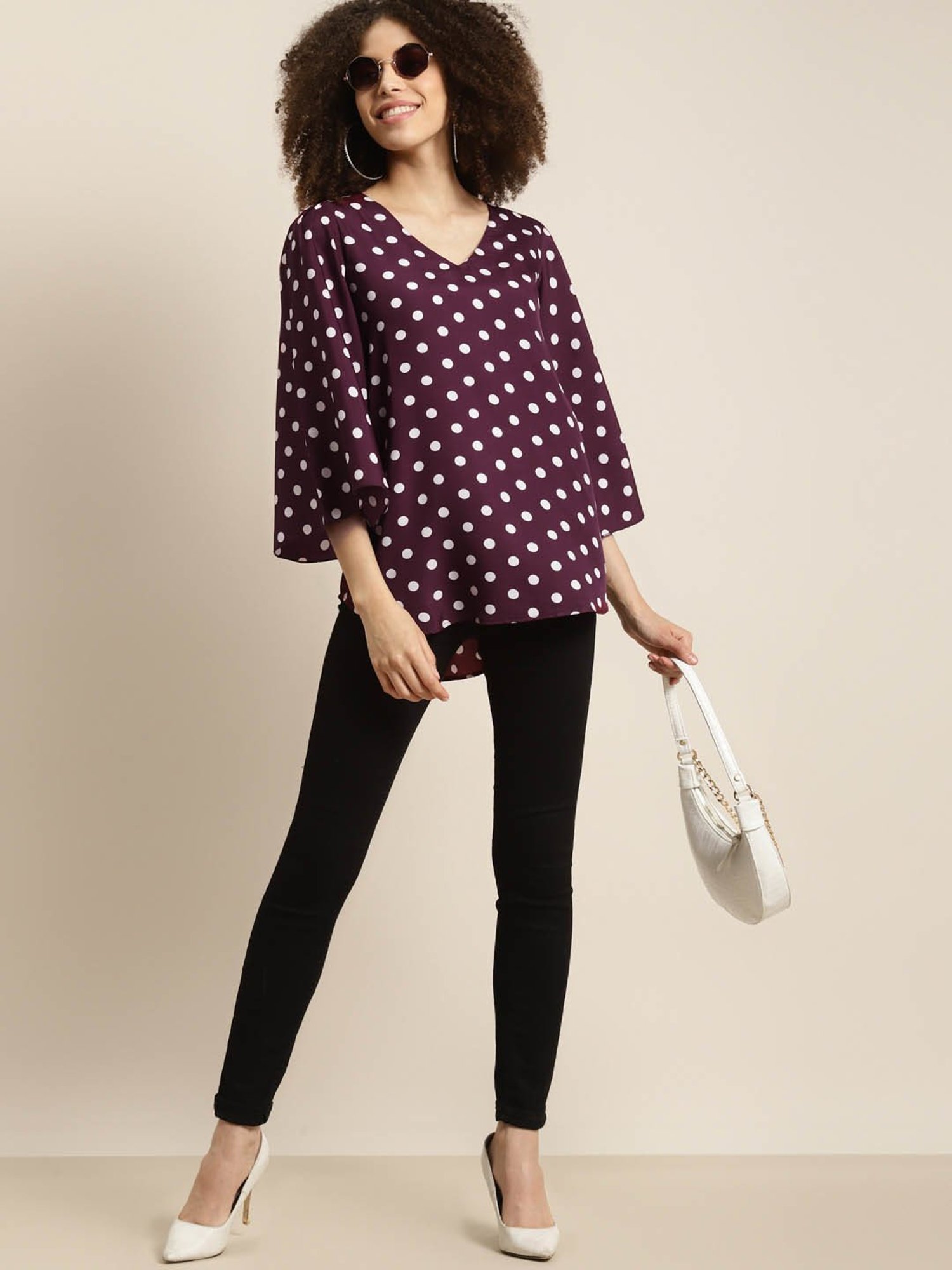 Qurvii Burgundy & White Polka Dot Top
