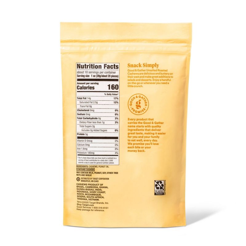 Unsalted Roasted Whole Cashews - 9.5oz - Good & Gather™