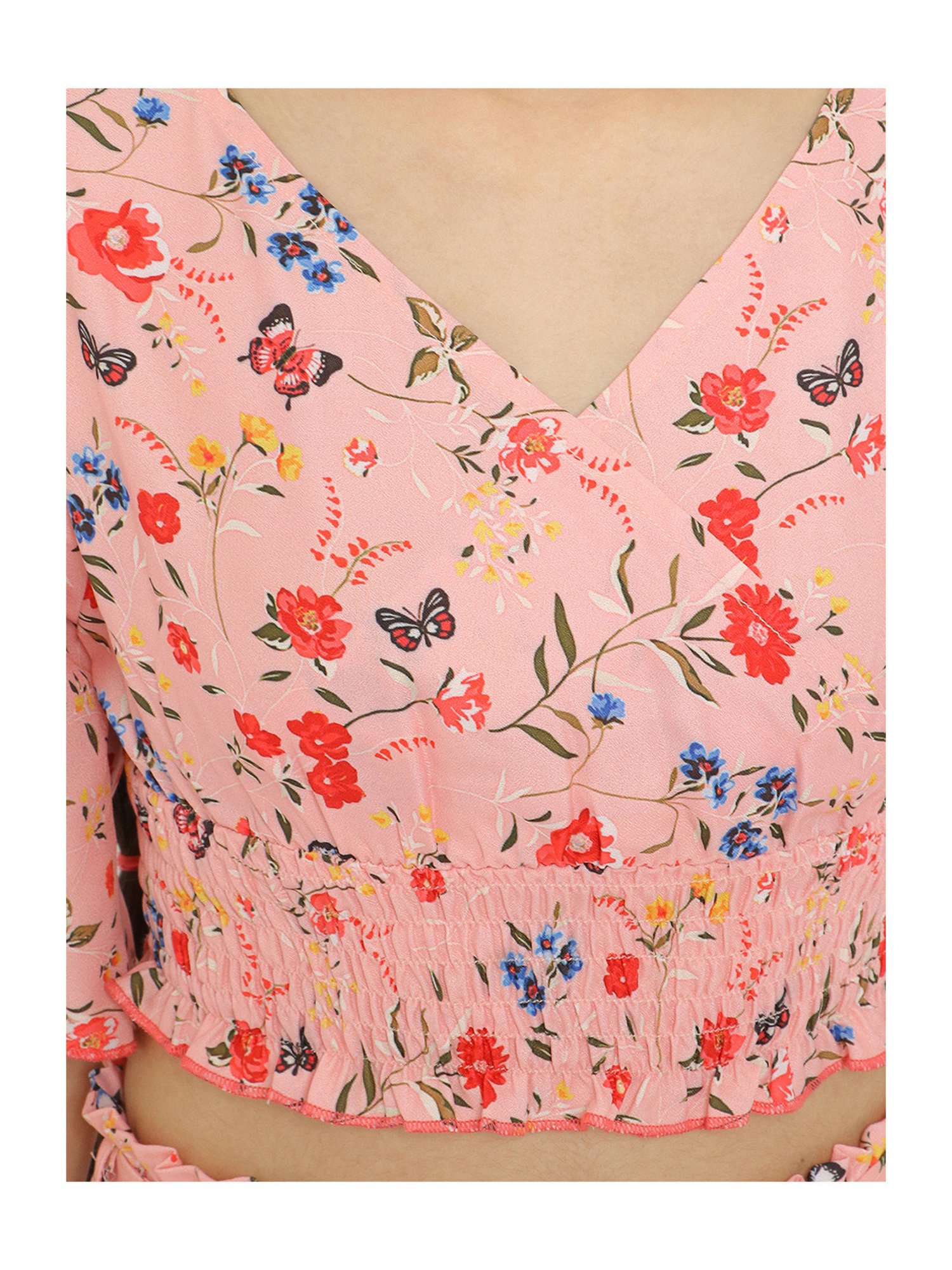 Nauti Nati Kids Peach Floral Print Top, Shorts with Waist Tie Ups