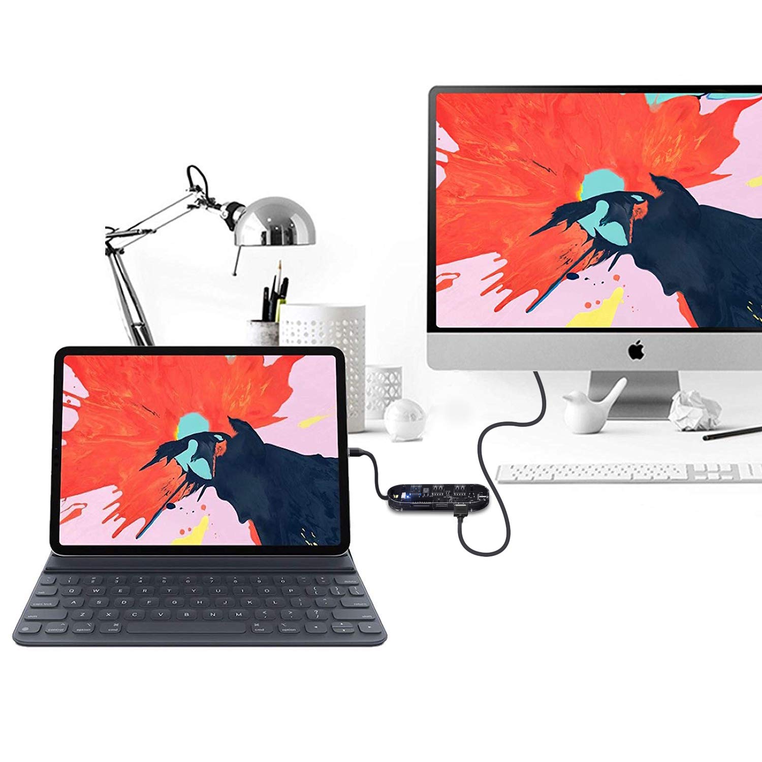 7-in-1 USB-C Transparent Converter for iPad Pro 2018 MacBook 2018, USB C HUB, 4K HDMI,3 USB,SD/TF Card Reader,Type-C PD 100W Charging Dock for Samsung Dex Station S20 S10 S9 S8 Note8 Type-C Dongle.