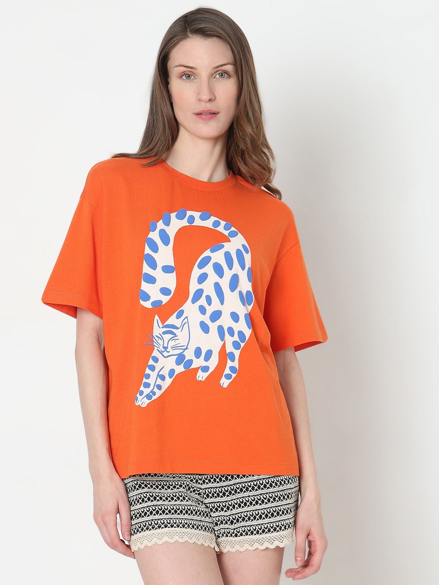 Vero Moda Orange Cotton Printed T-Shirt