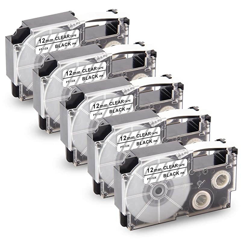 Replacement for Casio XR12X 12mm Label Tape for Casio KL60 KL100 KL120 KL750 KL780 KLG2 KL1500 KL2000 KL7000 KL7200 KL130 KL820 EZ Label Maker 12 x 262 Black on Clear 5Pack