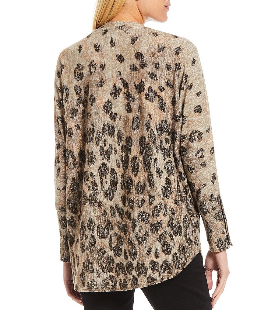 Westbound Petite Size Animal Print Button Cuff Long Sleeve Ribbed Hem Knit Top