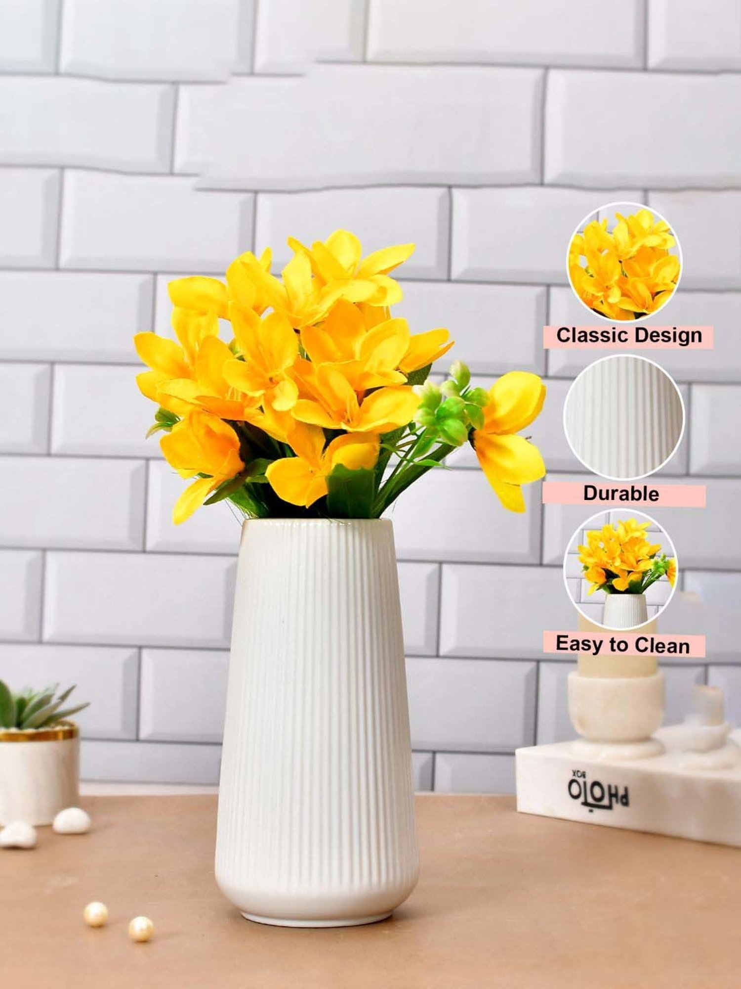 Tayhaa White Ceramic Cool & Calm Ribbed Vase