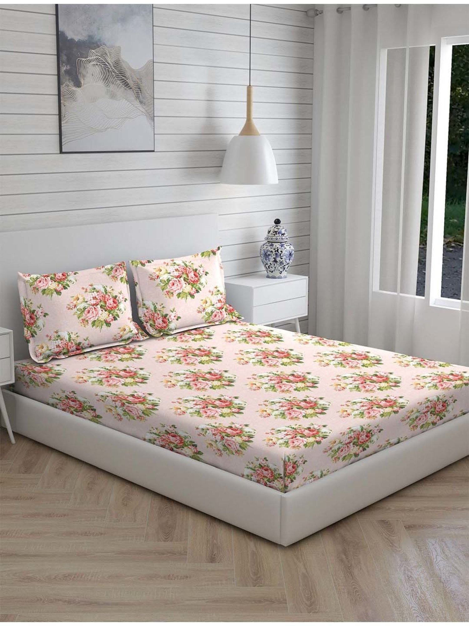 Boutique Living Signature Pink Cotton 300 TC Fitted Size Bedsheet with Pillow Cover