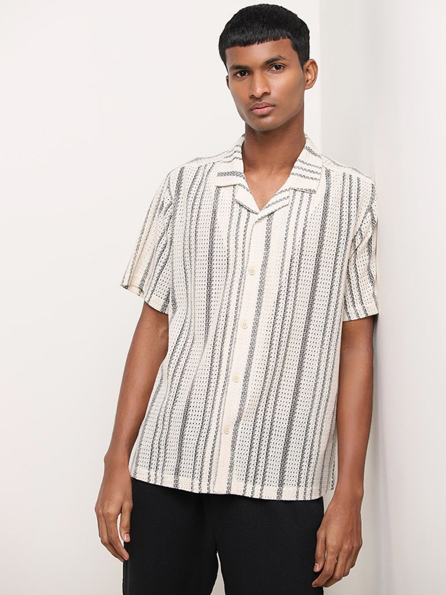 ETA by Westside Beige Striped Textured Relaxed-Fit Cotton Blend Shirt