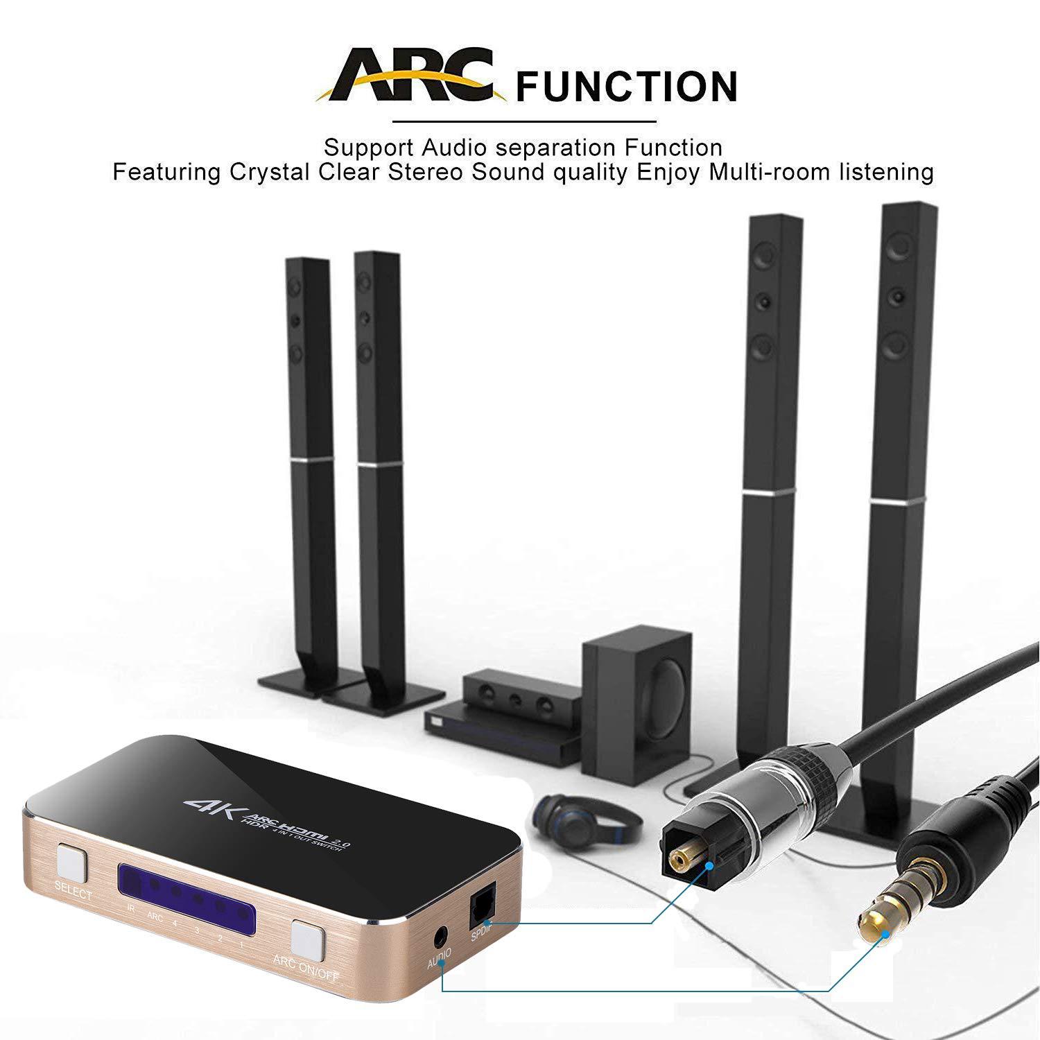 HDMI Switch with Audio Extractor, 4K@60Hz 4 Port 4 in 1 Out HDMI Switcher with Optical TOSLINK SPDIF, 3.5mm Audio Jack Support ARC Function, 1080P @120Hz, 4Kx2K@60Hz HDTV (IR Wireless Remote Control)