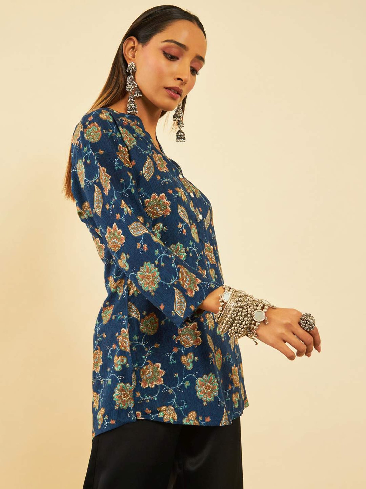 Soch Womens Navy Blue Rayon Floral Foil Printed Mandarin Collar Tunic