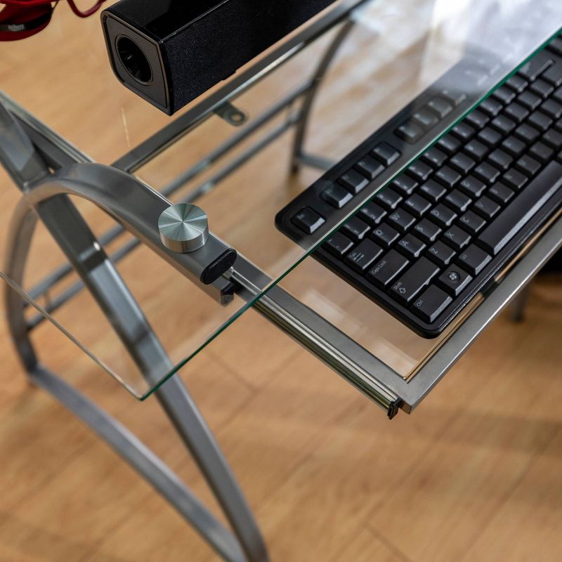 L Shaped Glass and Metal Corner Computer Desk Silver - Saracina Home