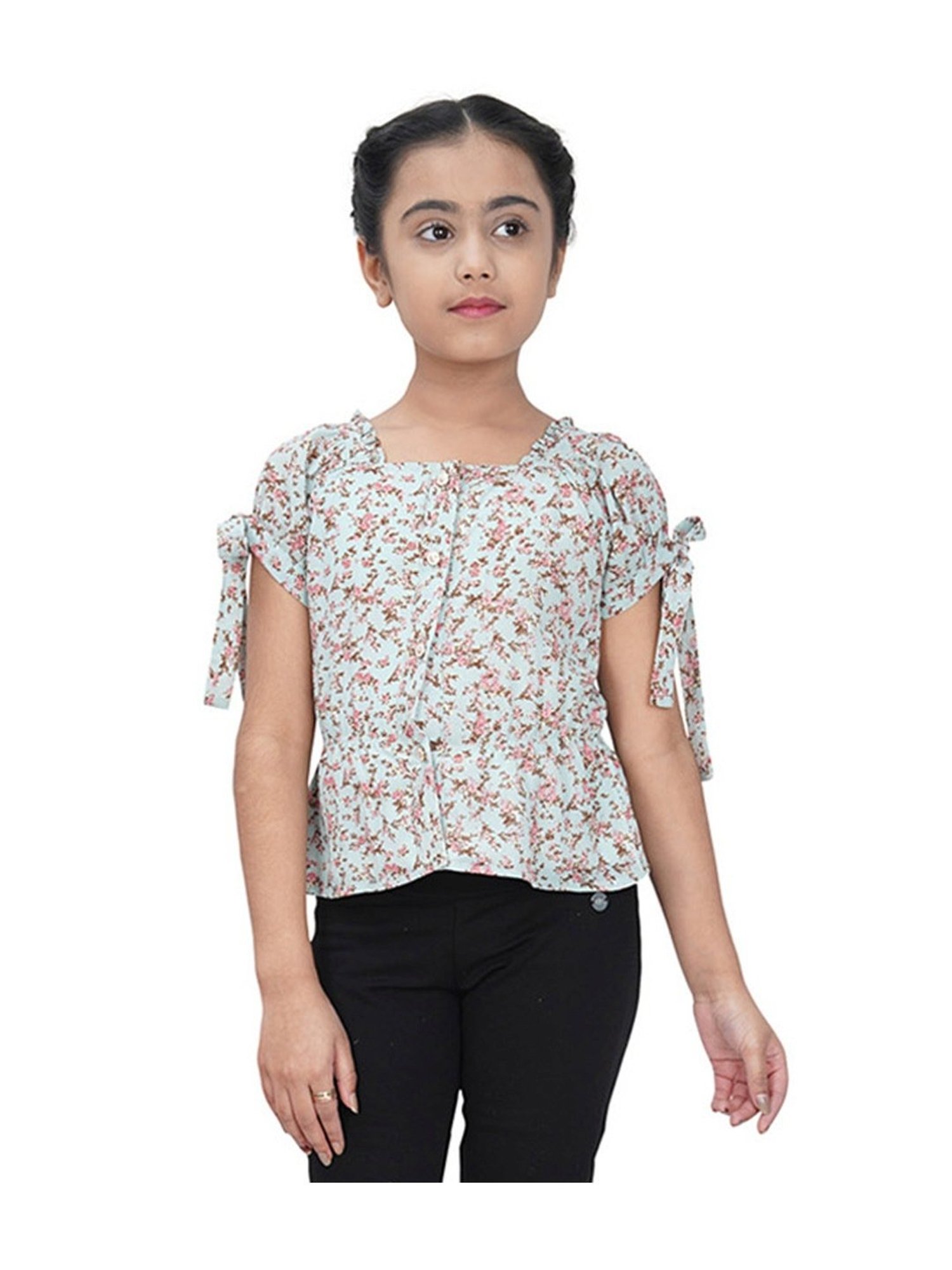 Tiny Girl Kids Aqua Blue & Pink Floral Print Top