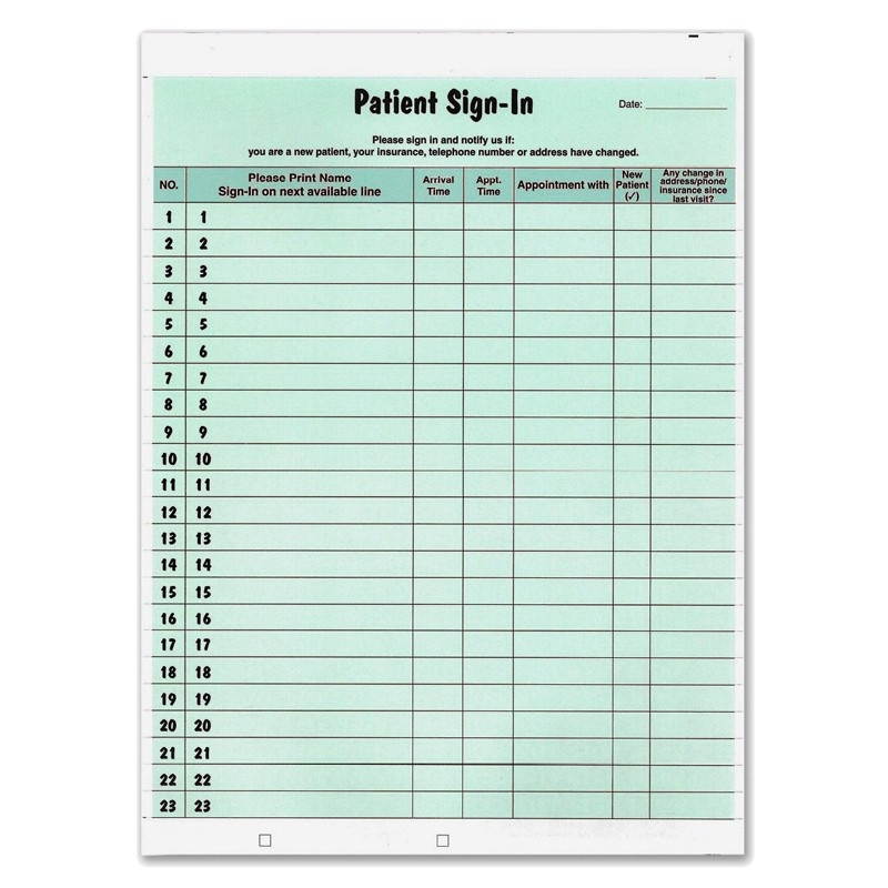 Green Confidential Patient Sign-In Label Forms, 8-1/2" x 11", 23 Peel Off Adhesive Sign In Lines (125 Forms per Pack)