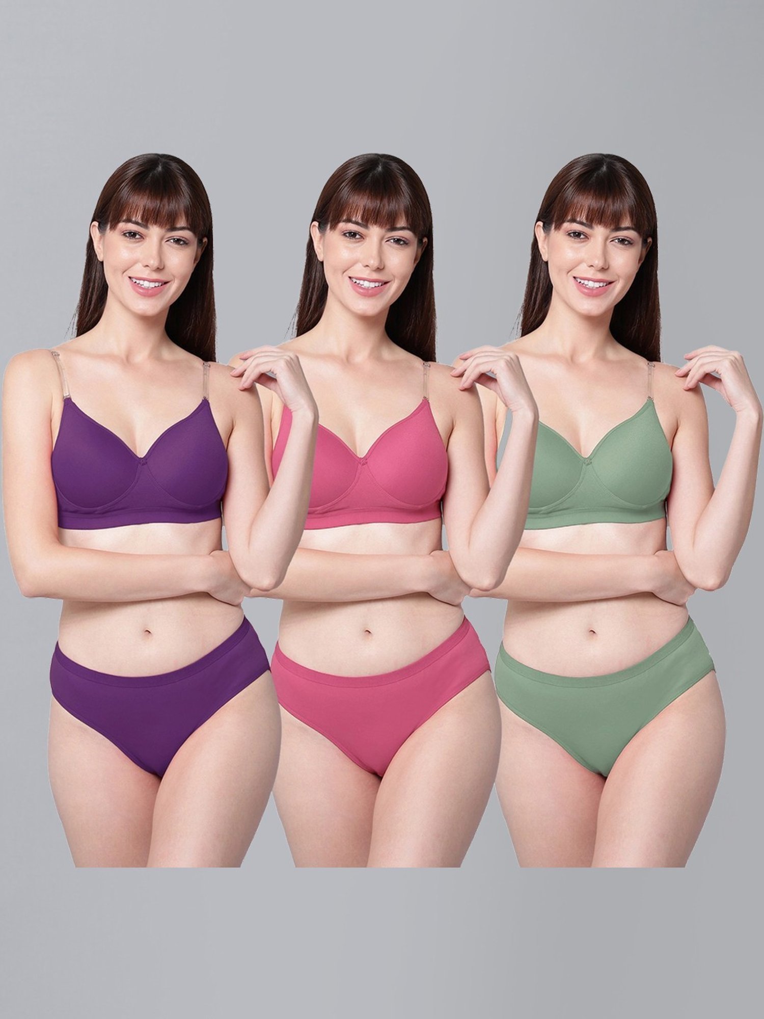 AROUSY Purple & Pink Cotton Bra Panty Set - Pack Of 3