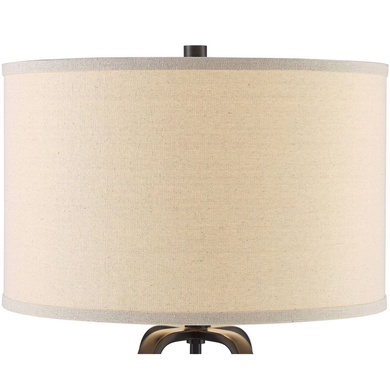 Franklin Iron Works Farmhouse Industrial Table Lamp with Night Light Bronze Metal Natural Mica Linen Drum for Living Room Bedroom