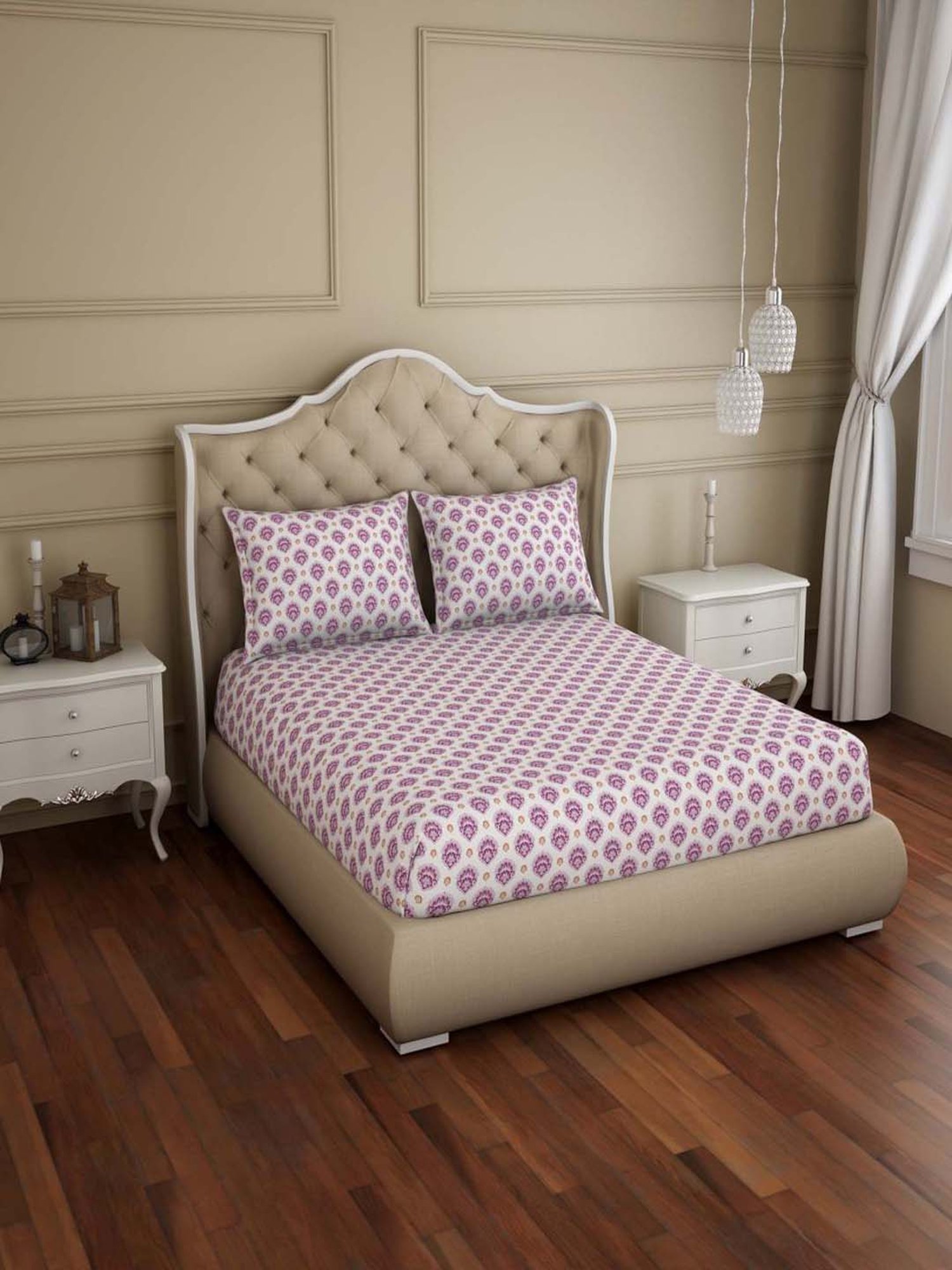 Welspun Reversible 150 TC White & Purple Bed Sheet Set