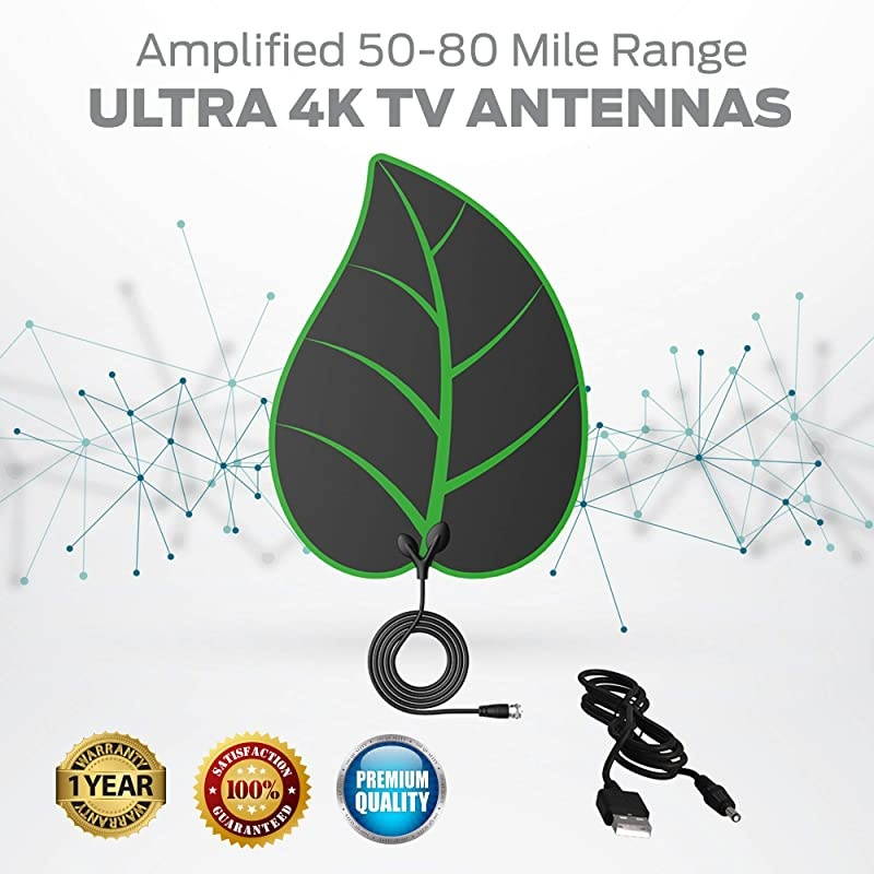 Antenna for Digital Indoor-HD High Definition Television &ndash; Smart Signal Strength Amplifier Premium Power Booster Long Range Antennas, Clear Channel Reception Miles Away - Adapter with 9.8f Cable