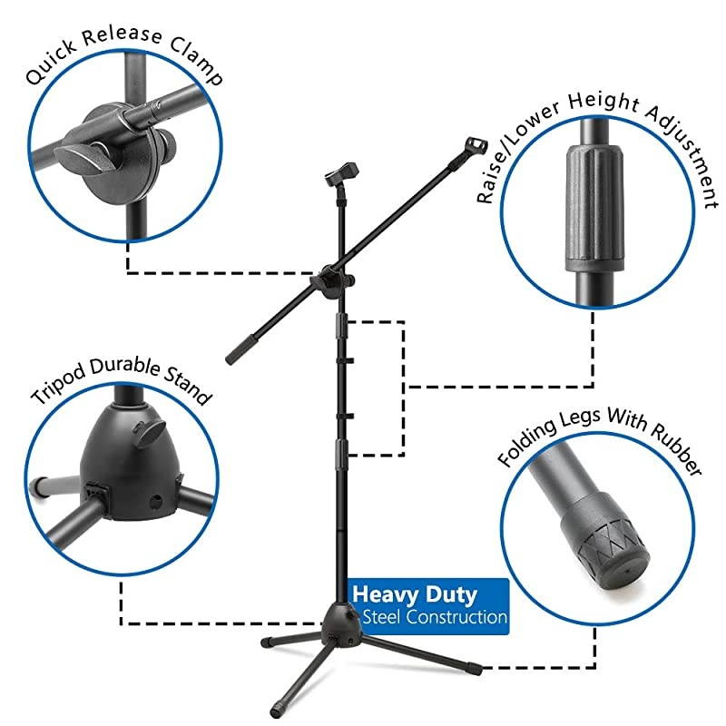 Microphone Stand Heavy Duty Adjustable Collapsible Tripod Boom Mic Stands with 2 Mic Clip Holders for Performance Karaoke Singing Speech Wedding Stage and Outdoor Activity Black