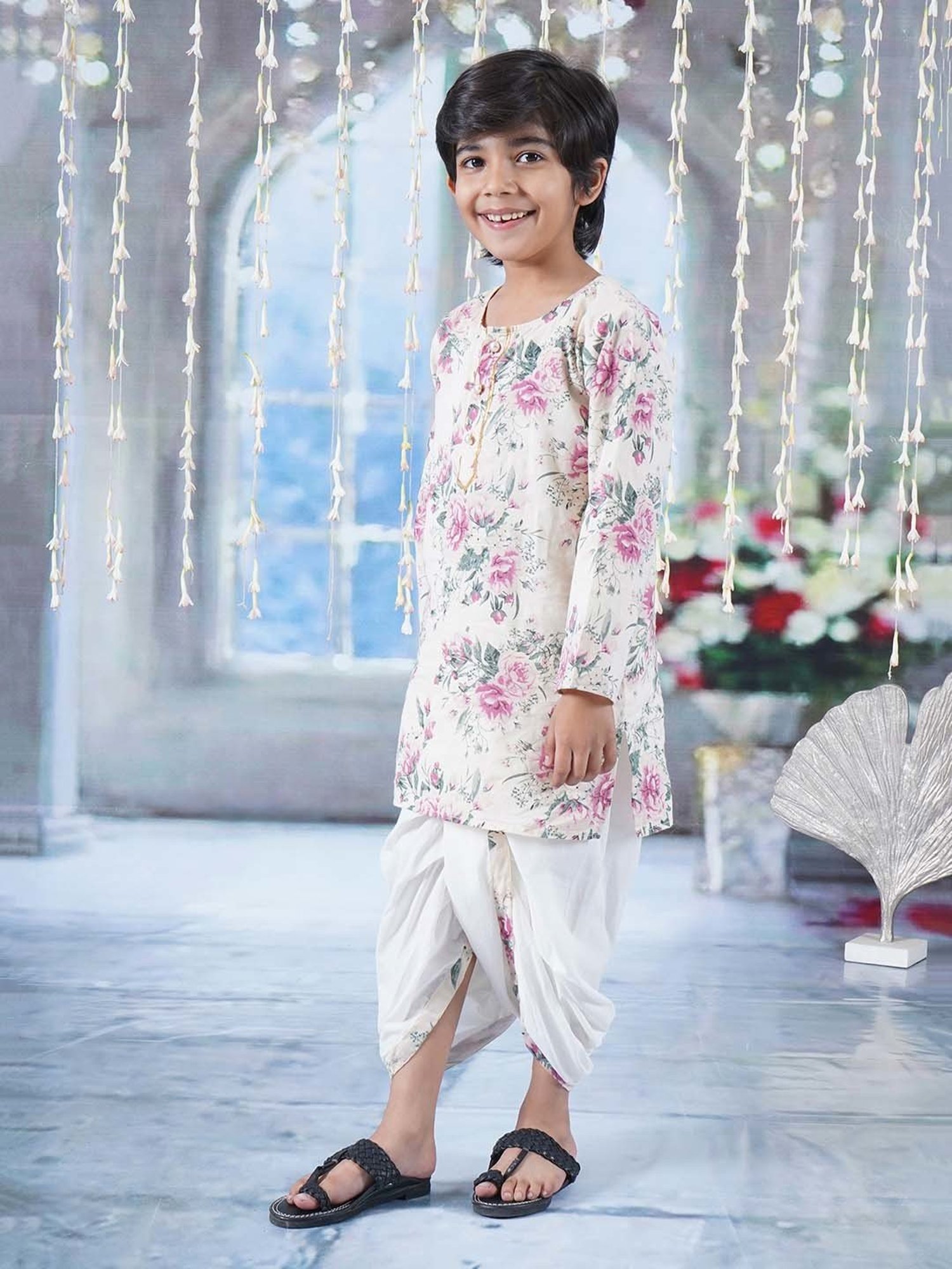 Little Bansi Cream & Lilac Cotton Floral Print Full Sleeves Kurta Set