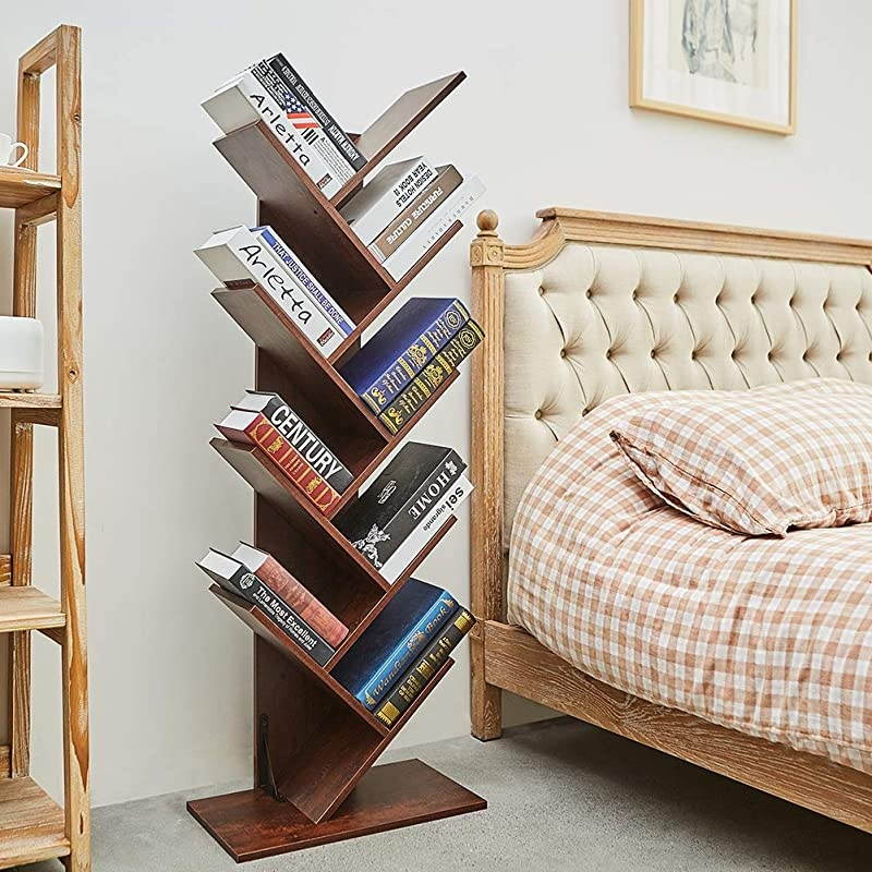 9Shelf Tree Bookshelf Floor Standing Tree Bookcase in Living RoomHomeOffice Bookshelves Storage Rack for CDsMoviesBooks Walnut Brown