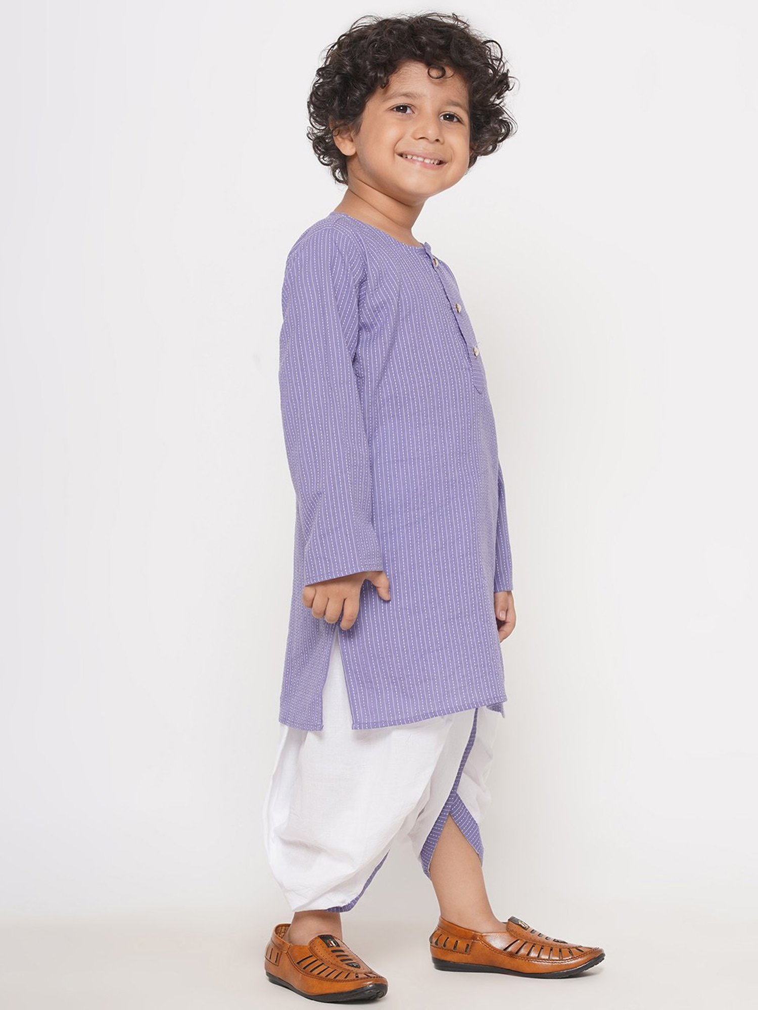 Little Bansi Kids Light Purple & White Striped Full Sleeves Kurta with Dhoti