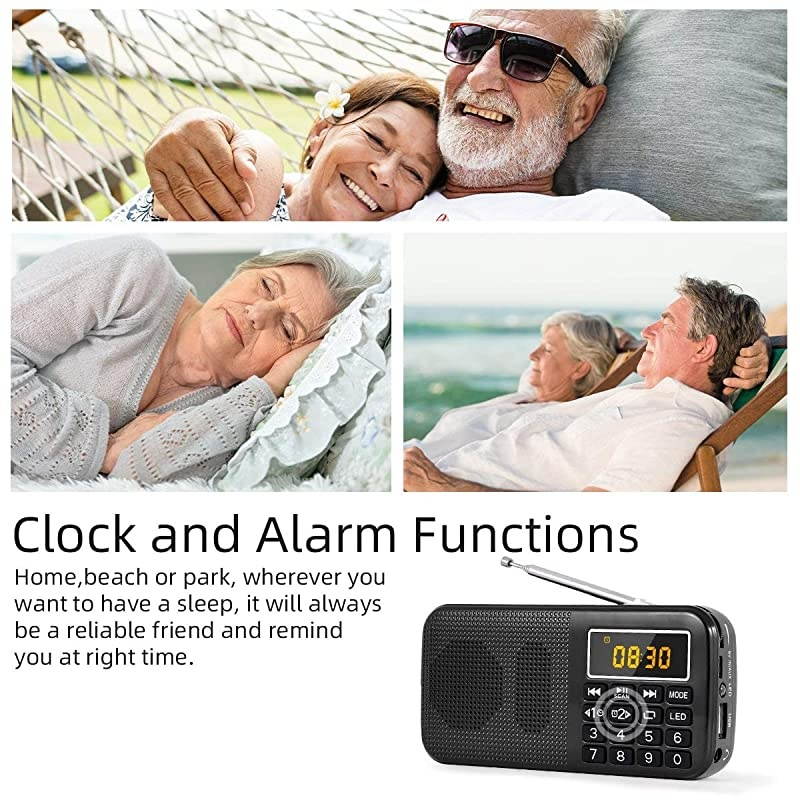 J725C Portable Mini FM Radio Speaker Music Player USB Drive TF Card with LED Display Alarm Clock 3000 Rechargeable Battery NO AMBlack
