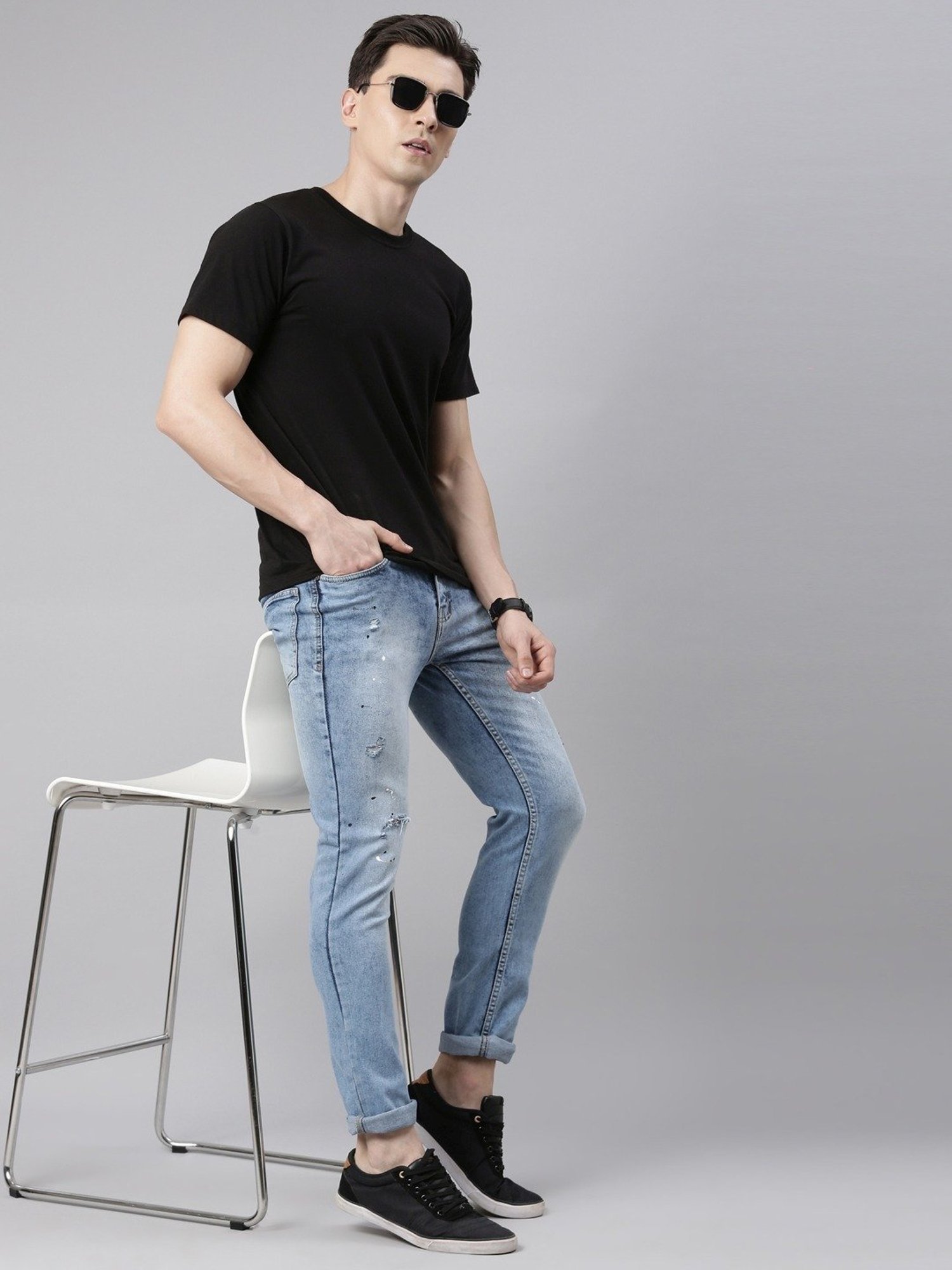 CINOCCI Sky Blue Cotton Slim Fit Distressed Jeans