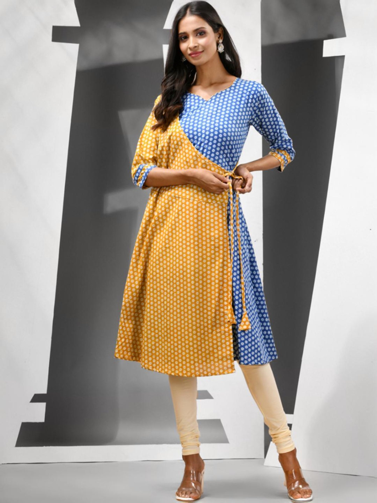 CHARUKRITI Blue & Yellow Cotton Printed Angrakha Kurta