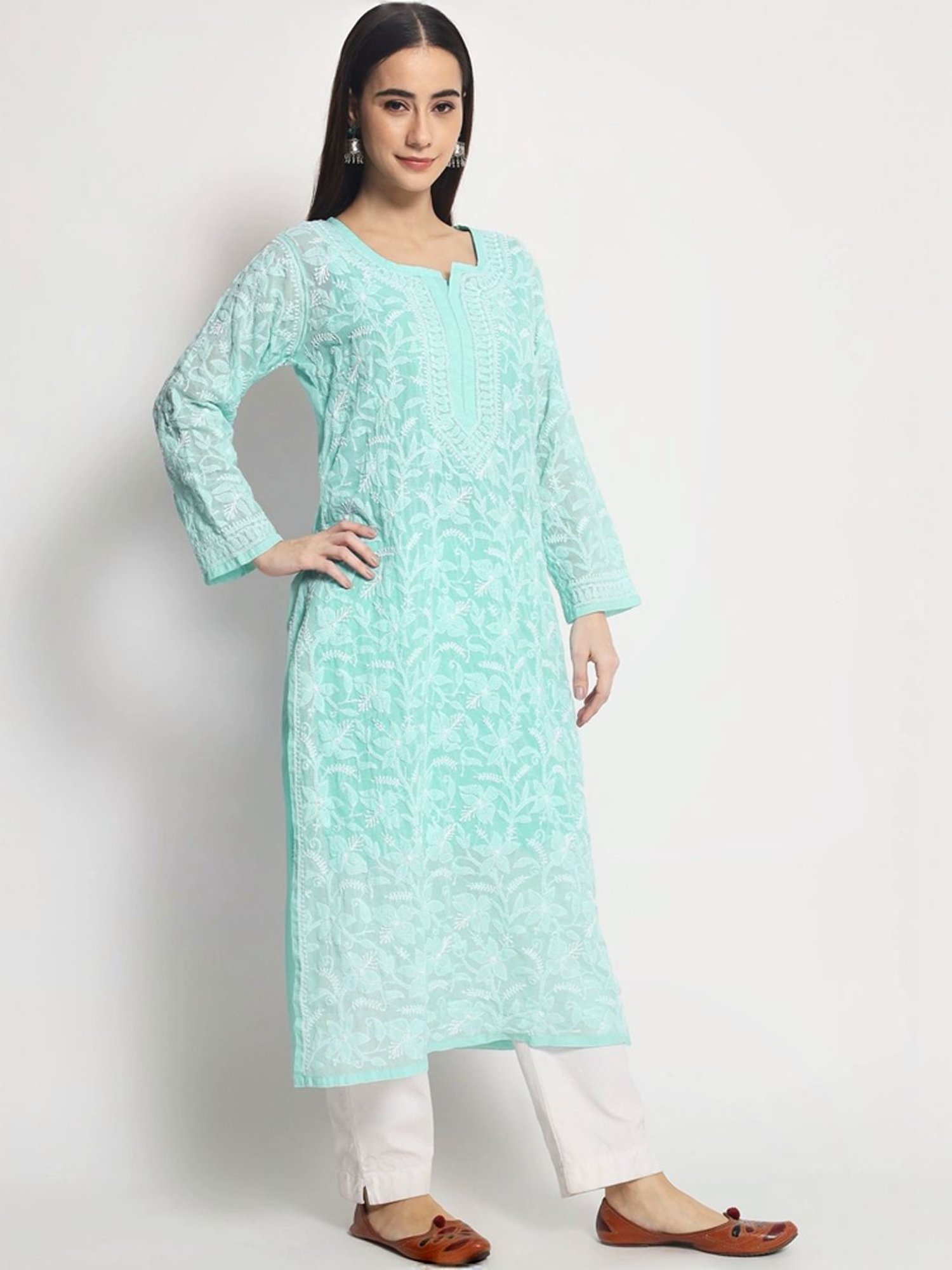 PARAMOUNT CHIKAN Aqua Blue Cotton Hand Embroidered Chikankari Straight Kurta