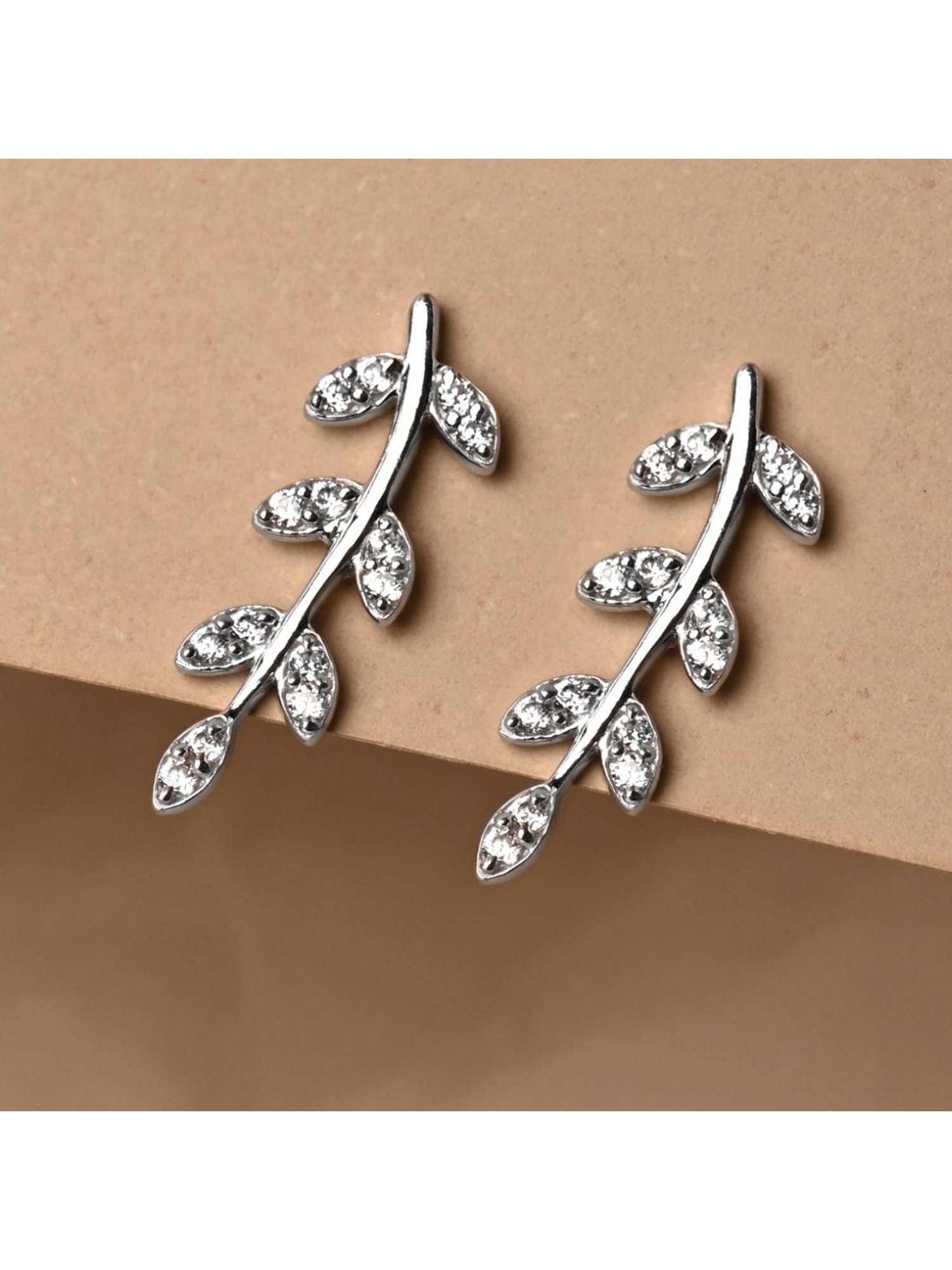 Clara 92.5 Sterling Silver Rhodium-Plated Swiss Zirconia Leaf Ear Cuff Earrings for Women & Girls