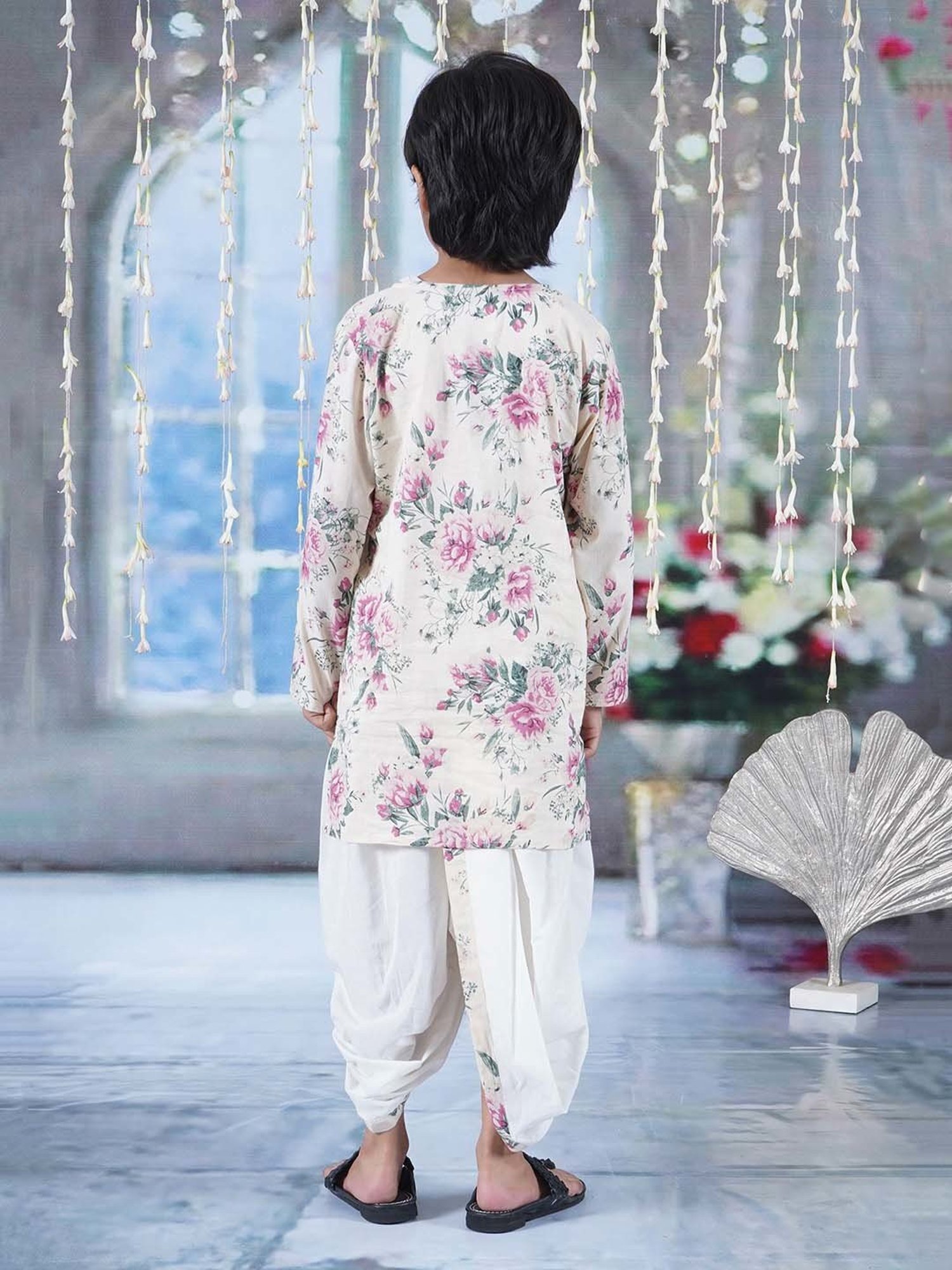 Little Bansi Cream & Lilac Cotton Floral Print Full Sleeves Kurta Set