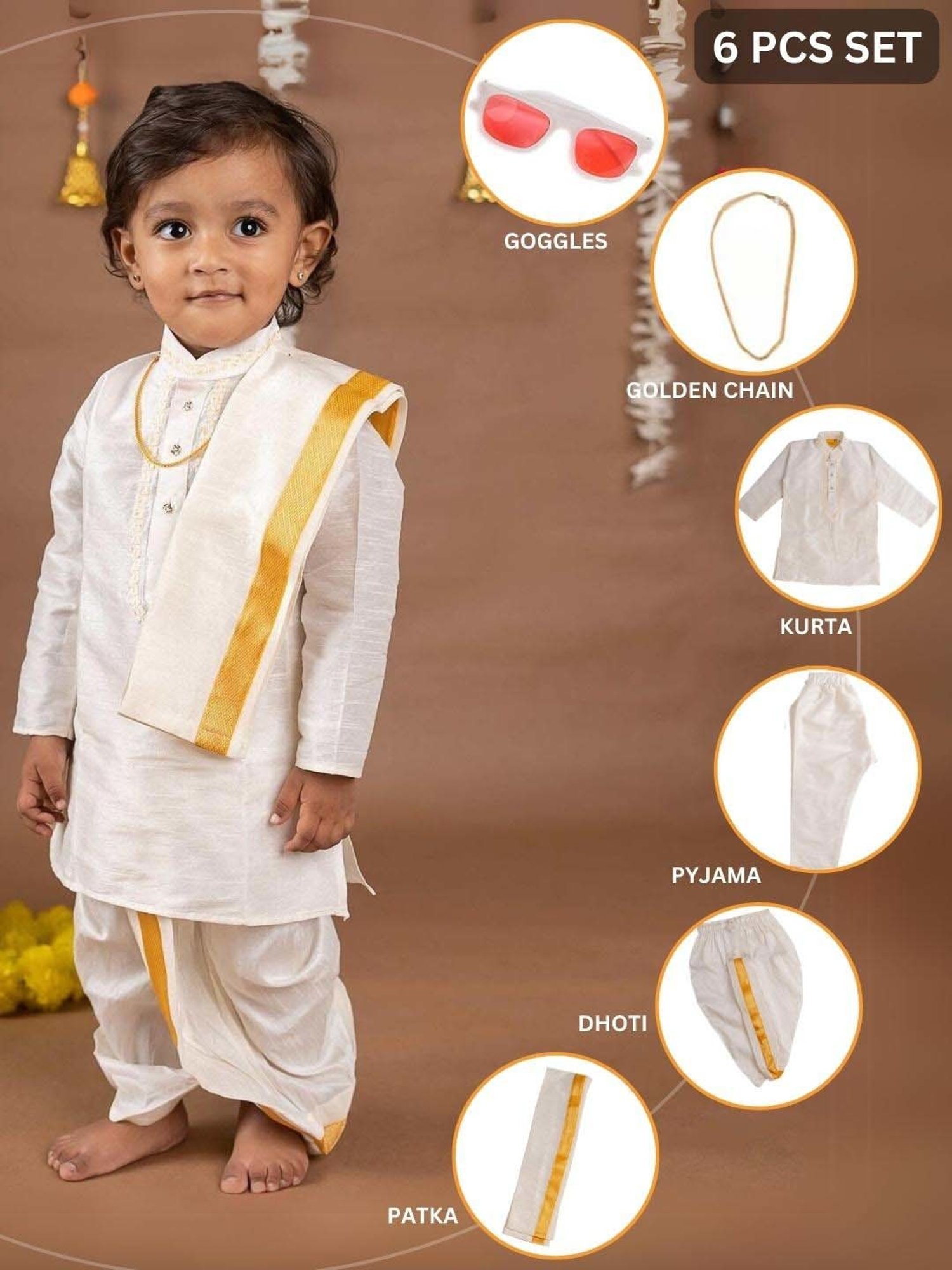 Baby Moo Kids Cream & Yellow Regular Fit Full Sleeves Kurta Set