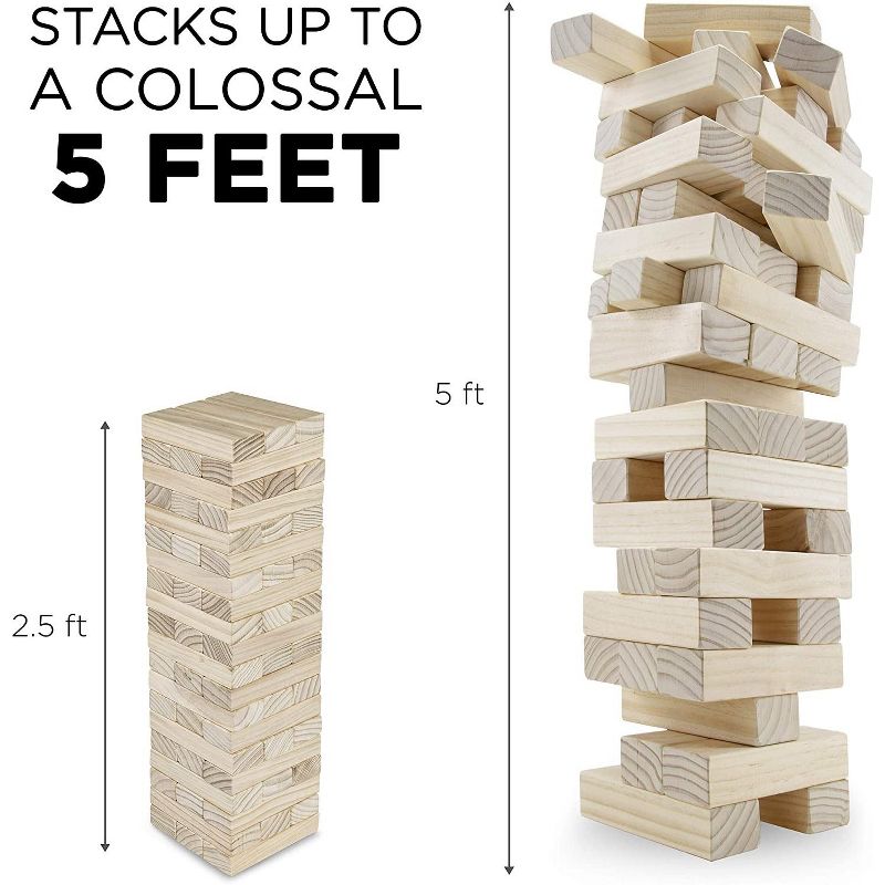 Sunny & Fun Giant Tumbling Tower | 60 Piece Set Oversized Wooden Toppling Blocks | Indoor & Outdoor Stacking Yard Game for Adults & Kids | Great for Party Lawn Backyard | w/ Storage Carry Bag